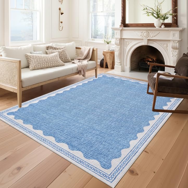 LocalStock 2x6 Runner Rug for Hallway Washable Kitchen Rugs Non Slip Solid Blue Modern Minimalism Soft Low-Pile Scalloped Indoor Carpet for Entryway Laundry Room Floor Mats