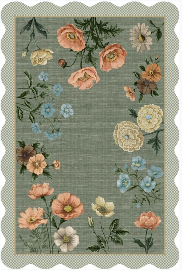 LocalStock Floral Scalloped Living Room Rug, 5x7 Area Rugs Ultra-Thin Soft Washable Rug, Non-Slip Rugs for Bedroom Stain Resistant Boho Low-Pile Throw Carpet for Dining Room Playroom Nursery, Green - Image 31