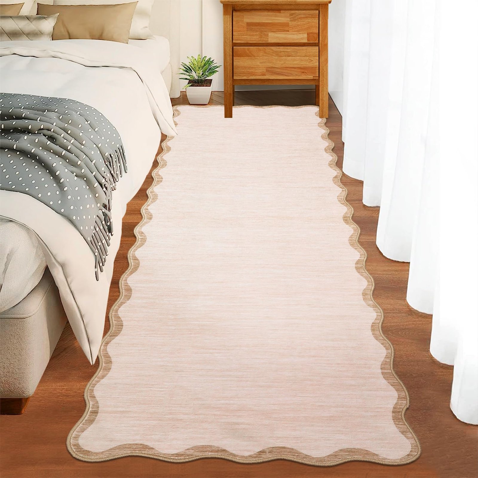 LocalStock Scalloped Washable Kitchen Runner Rug 2x8, Beige Runners for Hallway, Non Slip Boho Soft Bathroom Throw Mat Bordered Carpet Runner for Laundry Entryway Bedroom 2 ft x8 ft Beige - Image 22