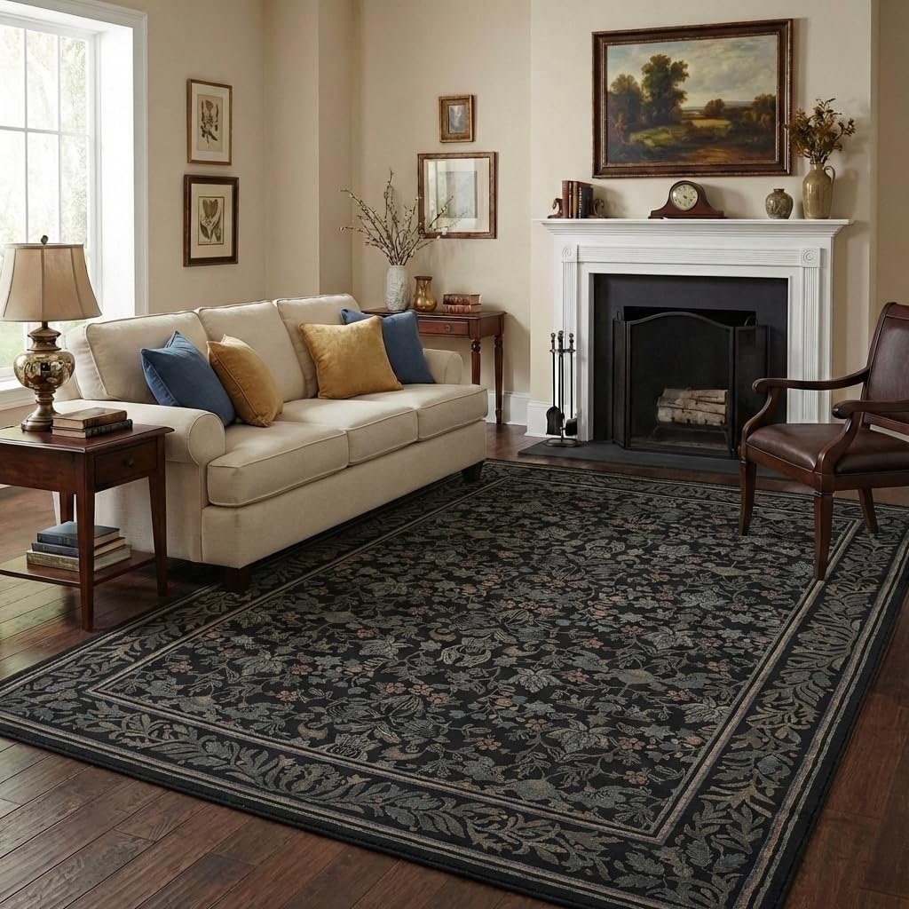 LocalStock 5x7 Washable Area Rugs for Living Room, Boho Vintage Rug Non Slip Low Pile Stain Resistance Indoor Soft Large Throw Carpet for Bedroom Dining Room Office Green Black - Image 5