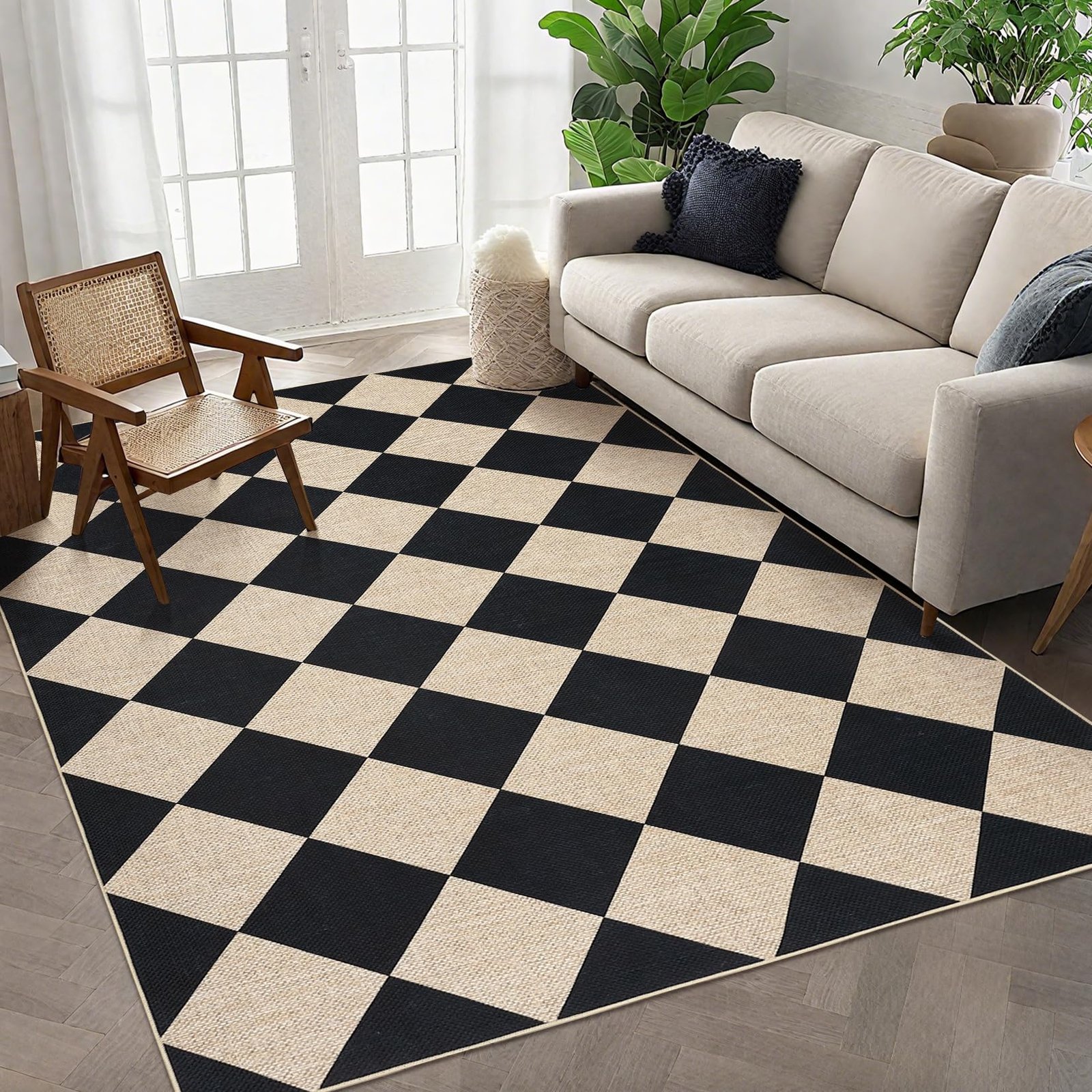 LocalStock Checkered Easy Jute 3x5 Entryway Rug Machine Washable Outdoor Patio Rug Non-Slip Backing Checkerboard Black Indoor Outdoor Carpet for Hallway Bathroom Kitchen Bedroom - Image 36