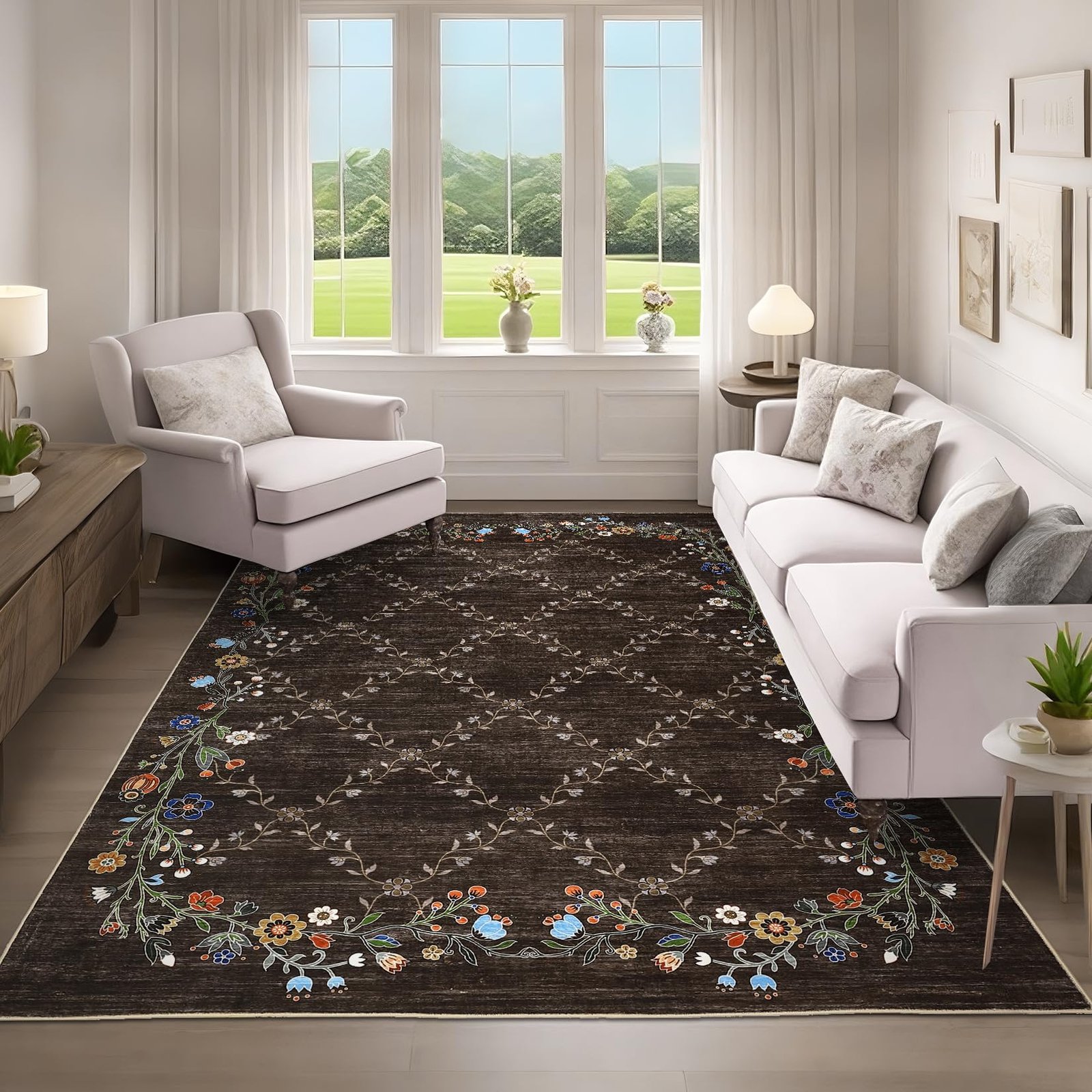 LocalStock 5x7 Floral Washable Area Rug: Large Living Room Area Rug with Non-Slip Backing Washable Ultra Soft Bedroom Floral Carpet Indoor Stain Resistant Carpet for Dining Room 5 * 7 ft Light Blue - Image 11