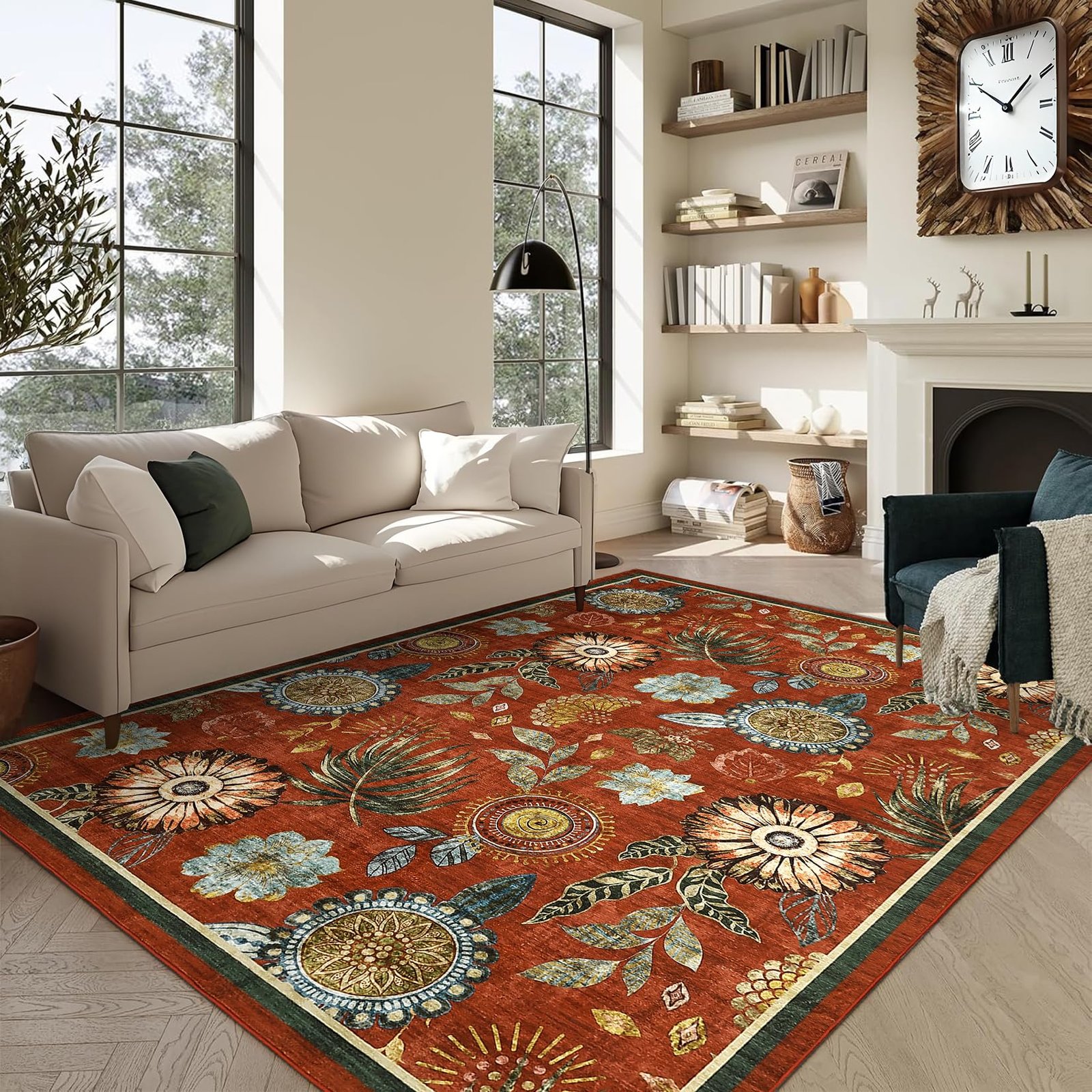 LocalStock 5x7 Floral Washable Area Rug: Large Living Room Area Rug with Non-Slip Backing Washable Ultra Soft Bedroom Floral Carpet Indoor Stain Resistant Carpet for Dining Room 5 * 7 ft Light Blue - Image 10