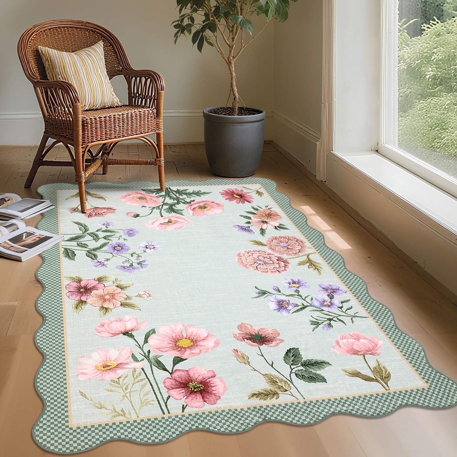 LocalStock Floral Scalloped Living Room Rug, 5x7 Area Rugs Ultra-Thin Soft Washable Rug, Non-Slip Rugs for Bedroom Stain Resistant Boho Low-Pile Throw Carpet for Dining Room Playroom Nursery, Green - Image 8