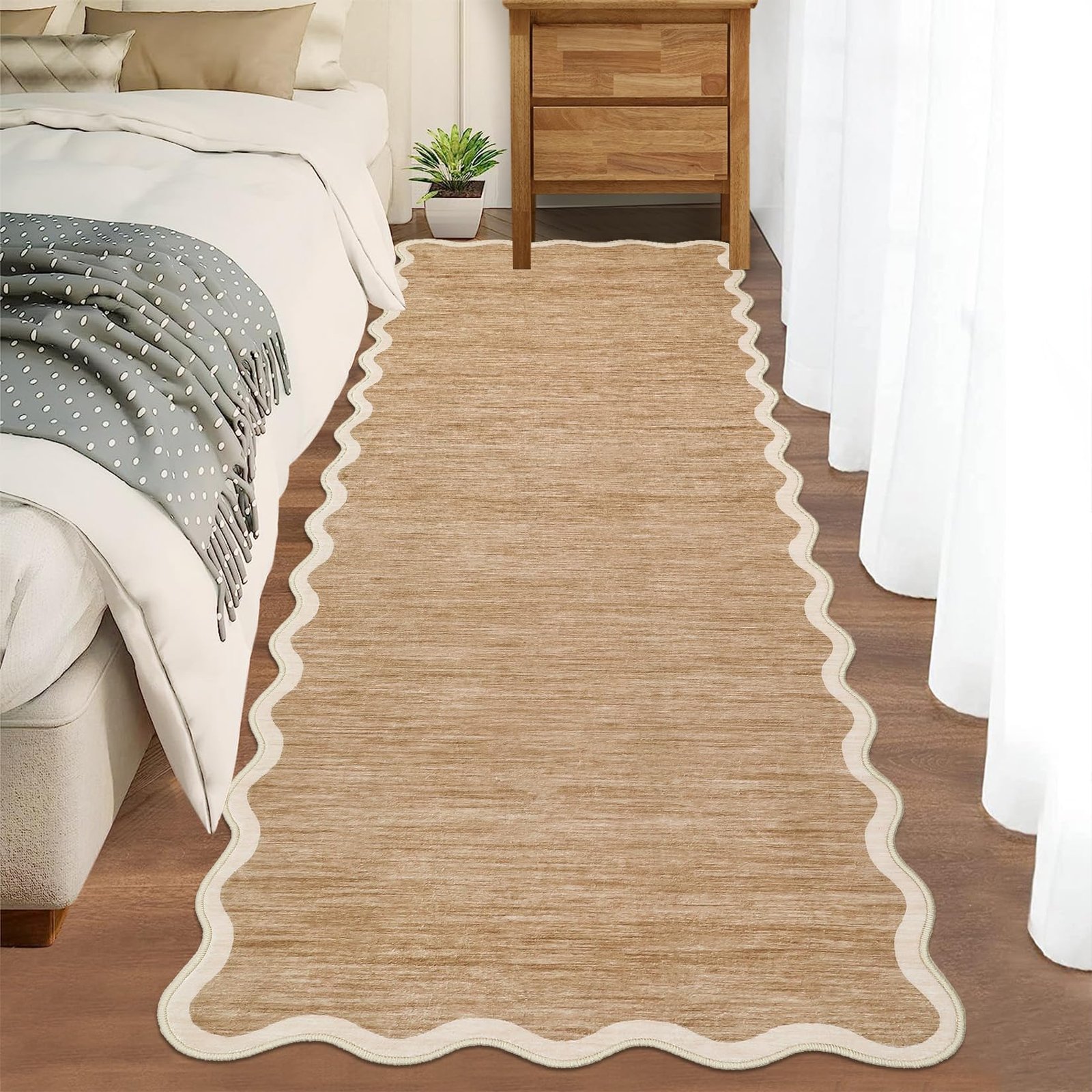 LocalStock Scalloped Washable Kitchen Runner Rug 2x8, Beige Runners for Hallway, Non Slip Boho Soft Bathroom Throw Mat Bordered Carpet Runner for Laundry Entryway Bedroom 2 ft x8 ft Beige - Image 35
