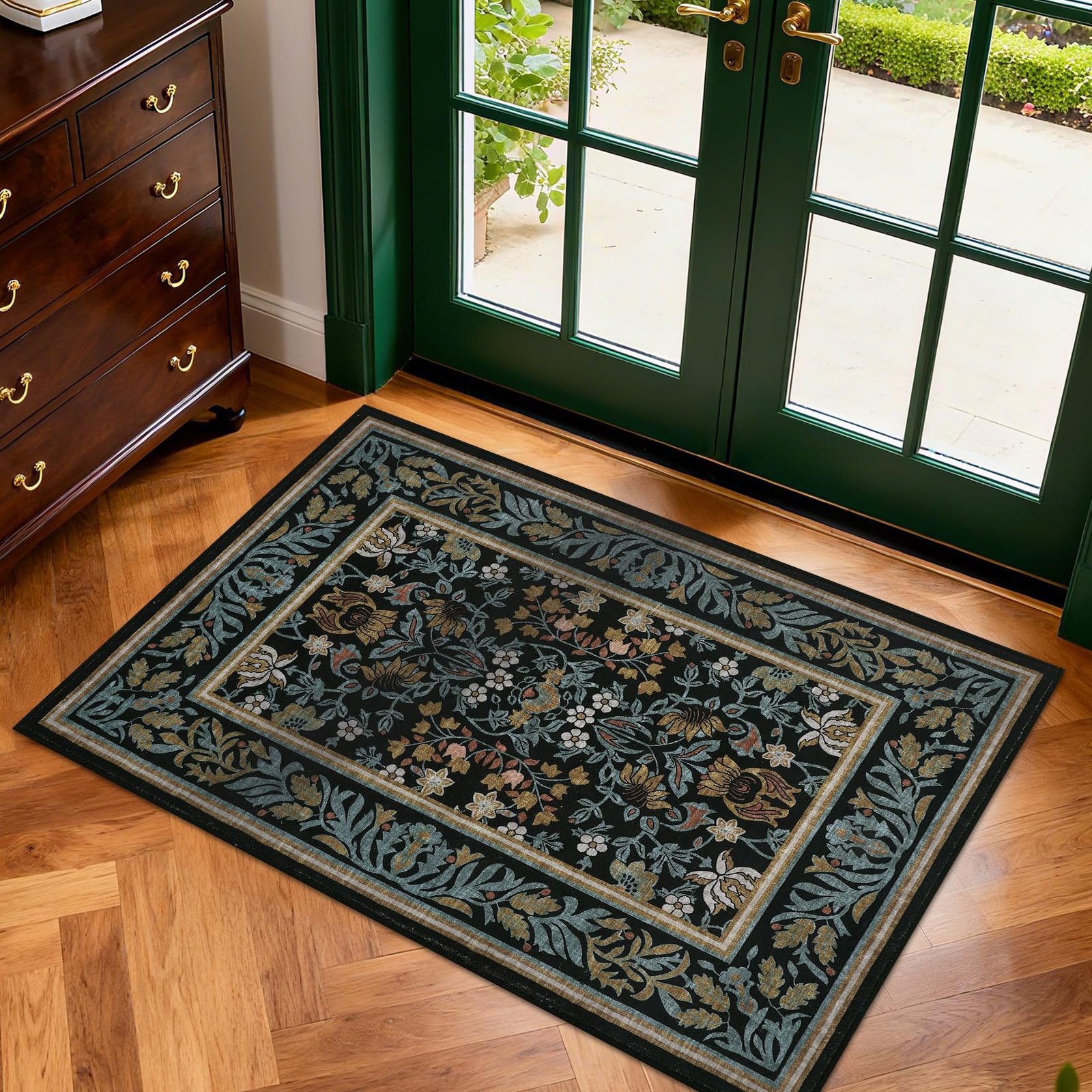 LocalStock 5x7 Washable Area Rugs for Living Room, Boho Vintage Rug Non Slip Low Pile Stain Resistance Indoor Soft Large Throw Carpet for Bedroom Dining Room Office Green Black - Image 4