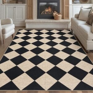 LocalStock Checkered Easy Jute 3x5 Entryway Rug Machine Washable Outdoor Patio Rug Non-Slip Backing Checkerboard Black Indoor Outdoor Carpet for Hallway Bathroom Kitchen Bedroom