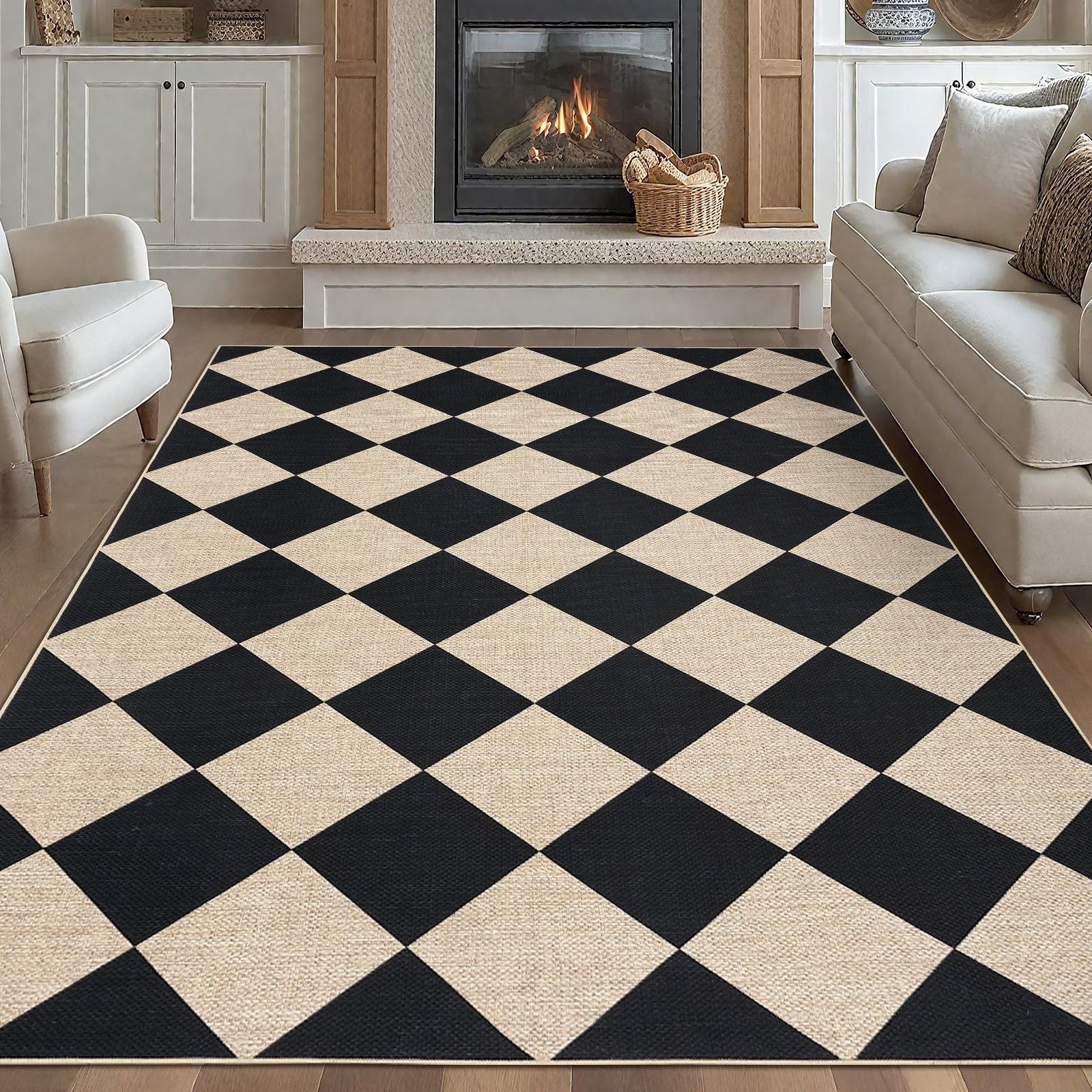 LocalStock Checkered Easy Jute 3x5 Entryway Rug Machine Washable Outdoor Patio Rug Non-Slip Backing Checkerboard Black Indoor Outdoor Carpet for Hallway Bathroom Kitchen Bedroom