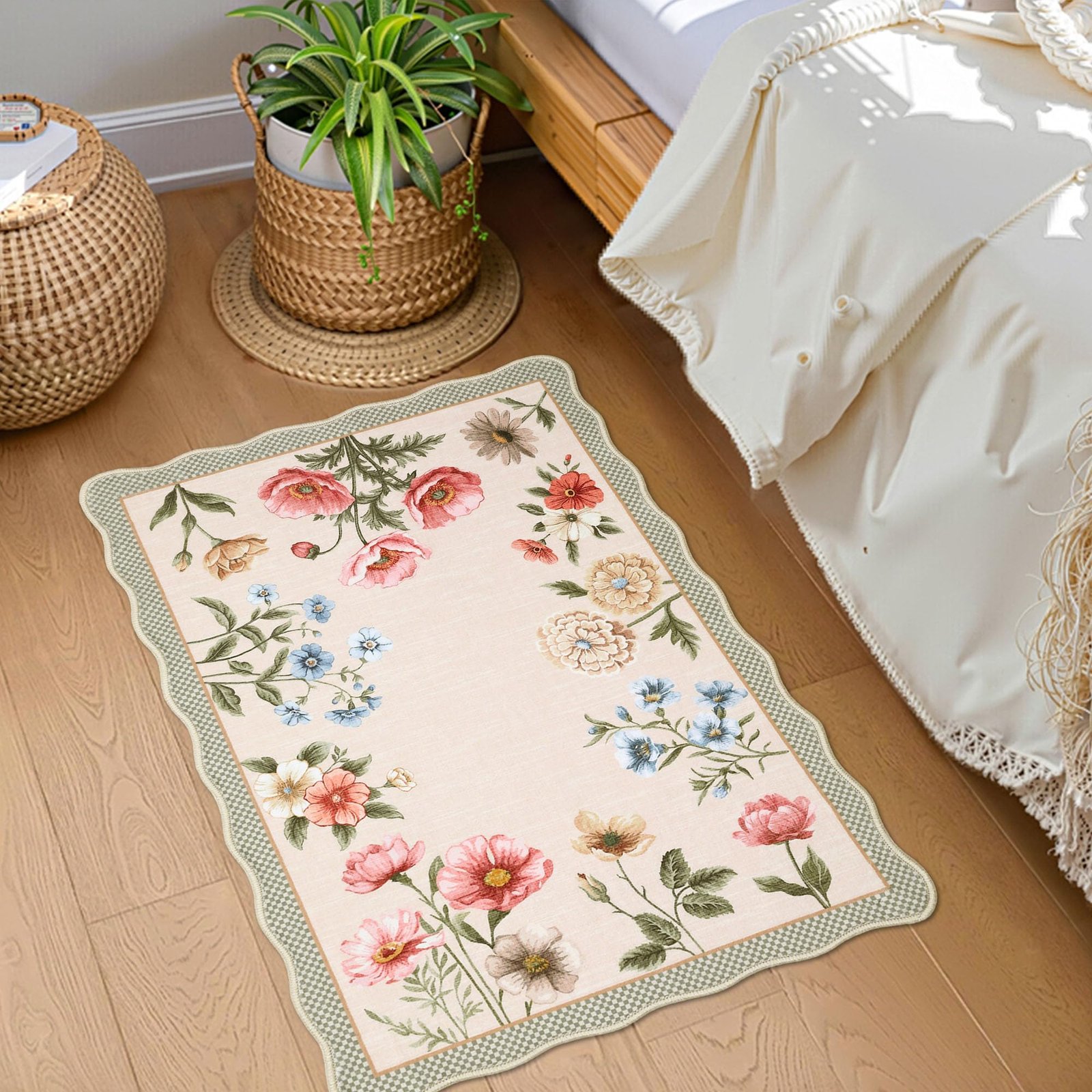 LocalStock Floral Scalloped Living Room Rug, 5x7 Area Rugs Ultra-Thin Soft Washable Rug, Non-Slip Rugs for Bedroom Stain Resistant Boho Low-Pile Throw Carpet for Dining Room Playroom Nursery, Green - Image 23