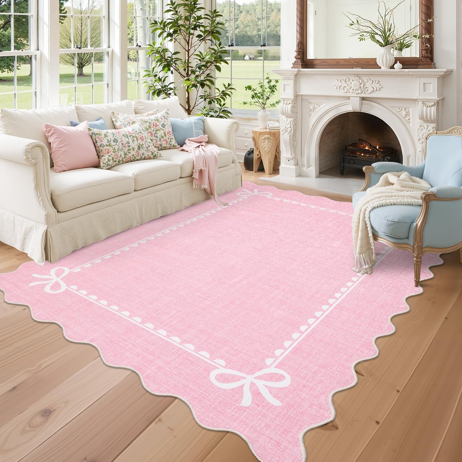 LocalStock Scalloped Bow Rug for Living Room, Solid Pink Rug for Dorm, Washable Rugs 5x7 Soft Low Pile Non Slip Scalloped Rugs for Nursery College Bedroom Decor Kids Room Playroom - Image 3