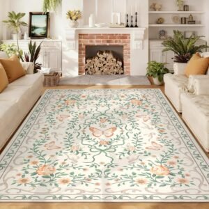 LocalStock Washable Floral Area Rug 5x7 for Living Room Non Slip Bedroom Rug Soft Stain Resistant Large Dining Room Throw Carpet Low Pile Black Bow Rugs Butterfly Flower Carpet for Nursery Entry, 5x7