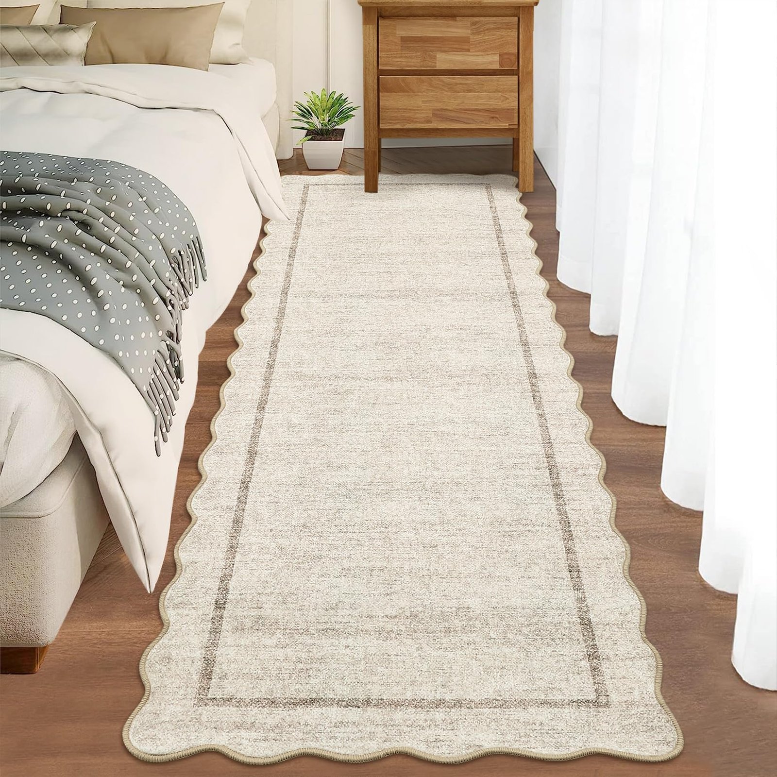 LocalStock Scalloped Washable Kitchen Runner Rug 2x8, Beige Runners for Hallway, Non Slip Boho Soft Bathroom Throw Mat Bordered Carpet Runner for Laundry Entryway Bedroom 2 ft x8 ft Beige - Image 18