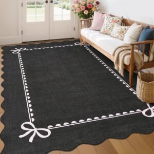 LocalStock Scalloped Bow Rug for Living Room, Solid Pink Rug for Dorm, Washable Rugs 5x7 Soft Low Pile Non Slip Scalloped Rugs for Nursery College Bedroom Decor Kids Room Playroom