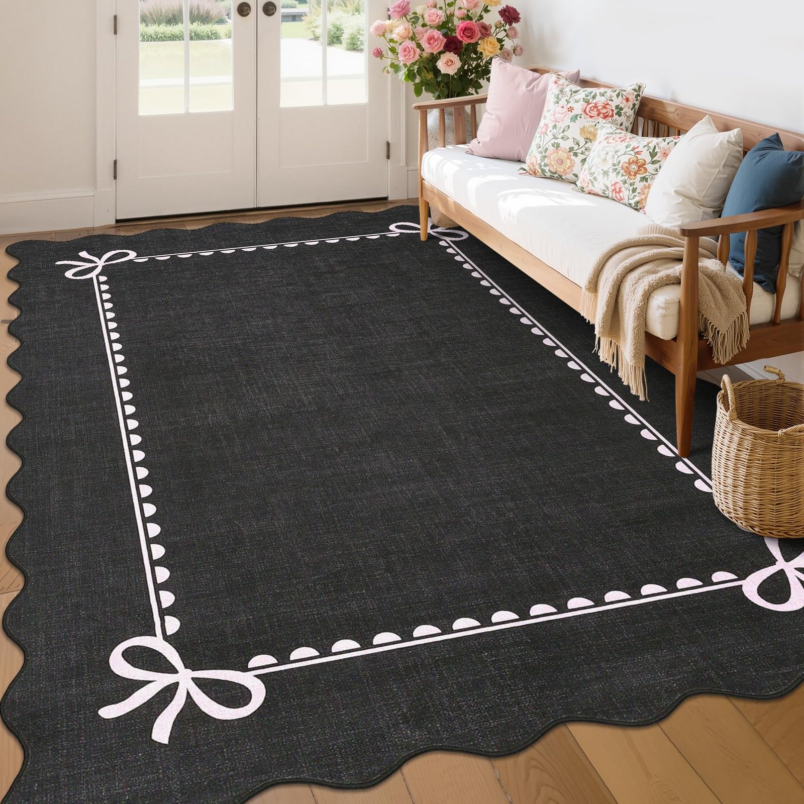 LocalStock Scalloped Bow Rug for Living Room, Solid Pink Rug for Dorm, Washable Rugs 5x7 Soft Low Pile Non Slip Scalloped Rugs for Nursery College Bedroom Decor Kids Room Playroom