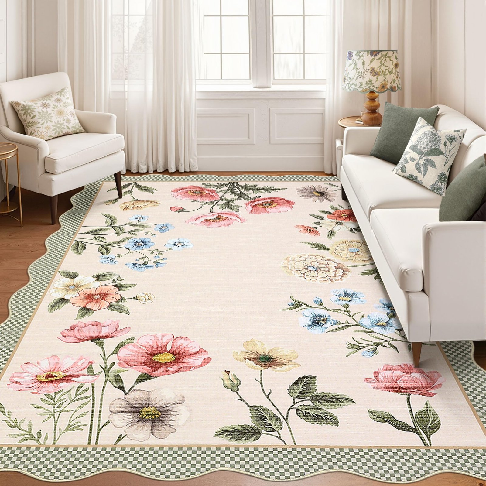 LocalStock Floral Scalloped Living Room Rug, 5x7 Area Rugs Ultra-Thin Soft Washable Rug, Non-Slip Rugs for Bedroom Stain Resistant Boho Low-Pile Throw Carpet for Dining Room Playroom Nursery, Green - Image 7