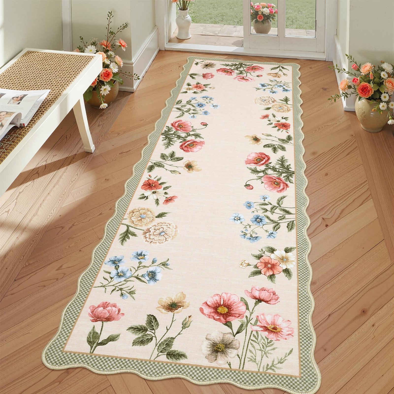 LocalStock Floral Scalloped Living Room Rug, 5x7 Area Rugs Ultra-Thin Soft Washable Rug, Non-Slip Rugs for Bedroom Stain Resistant Boho Low-Pile Throw Carpet for Dining Room Playroom Nursery, Green - Image 13