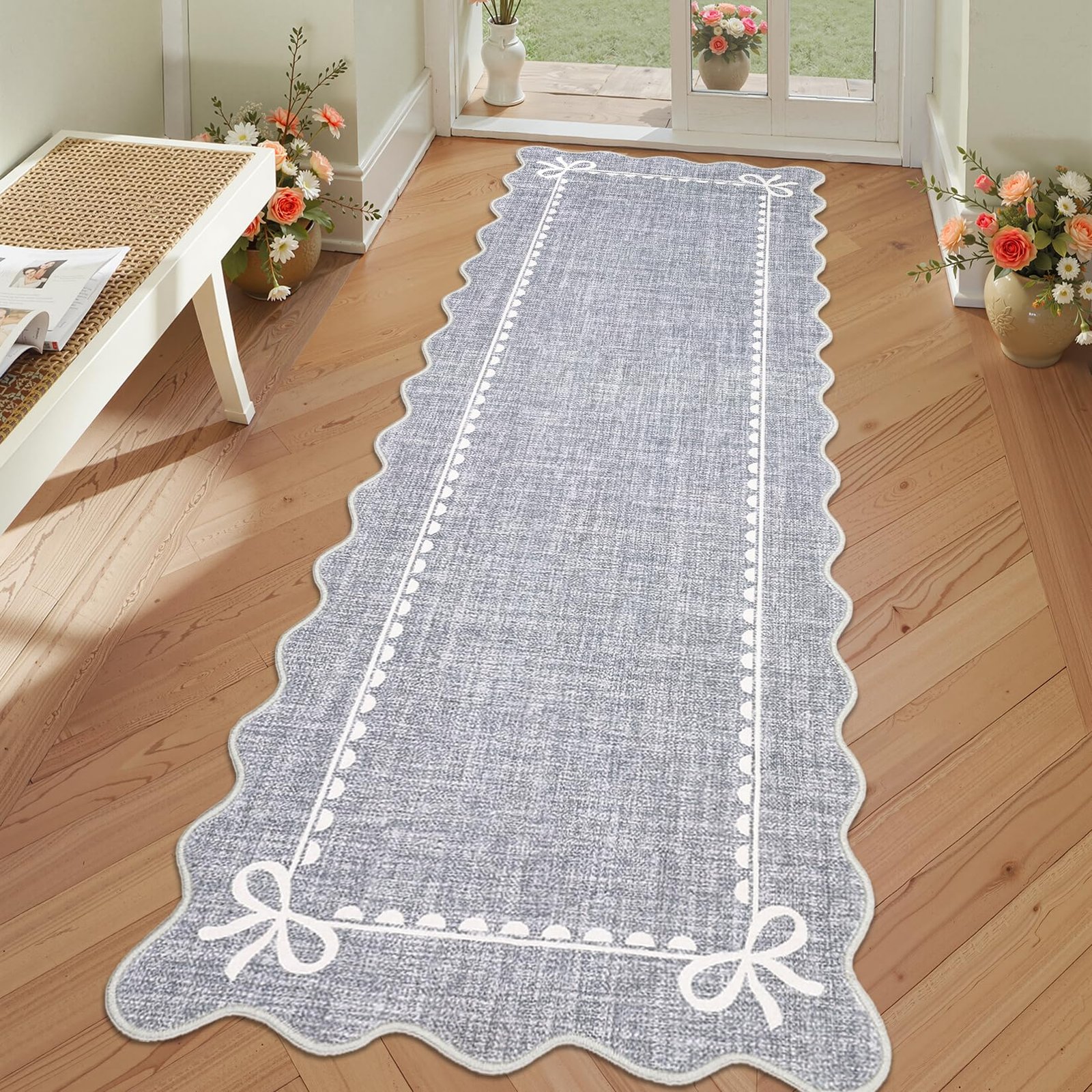 LocalStock Scalloped Bow Rug for Living Room, Solid Pink Rug for Dorm, Washable Rugs 5x7 Soft Low Pile Non Slip Scalloped Rugs for Nursery College Bedroom Decor Kids Room Playroom - Image 2