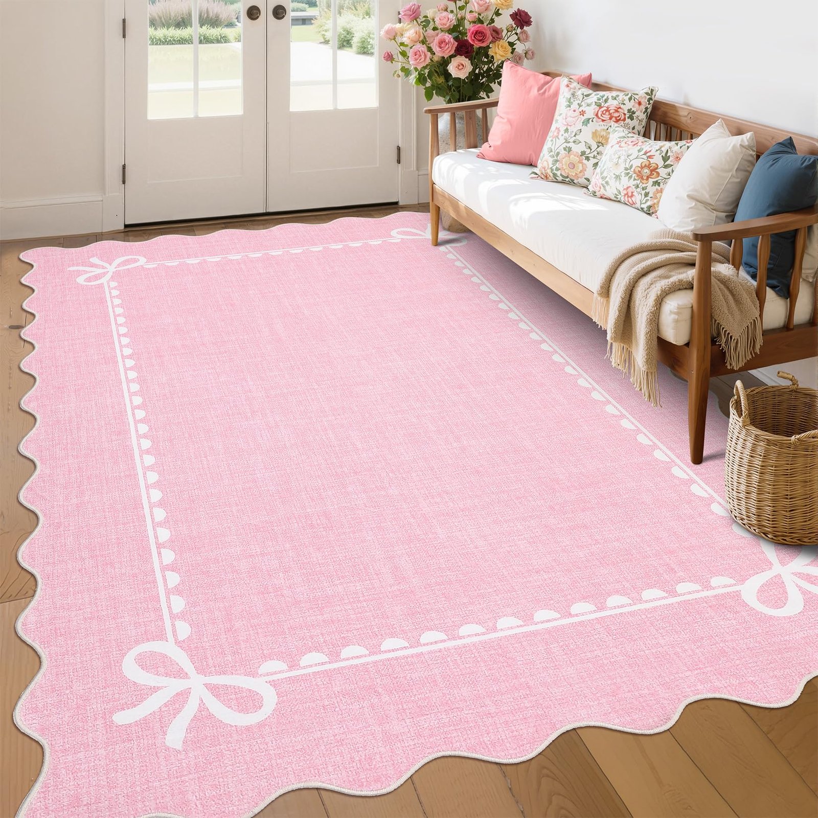 LocalStock Scalloped Bow Rug for Living Room, Solid Pink Rug for Dorm, Washable Rugs 5x7 Soft Low Pile Non Slip Scalloped Rugs for Nursery College Bedroom Decor Kids Room Playroom - Image 54