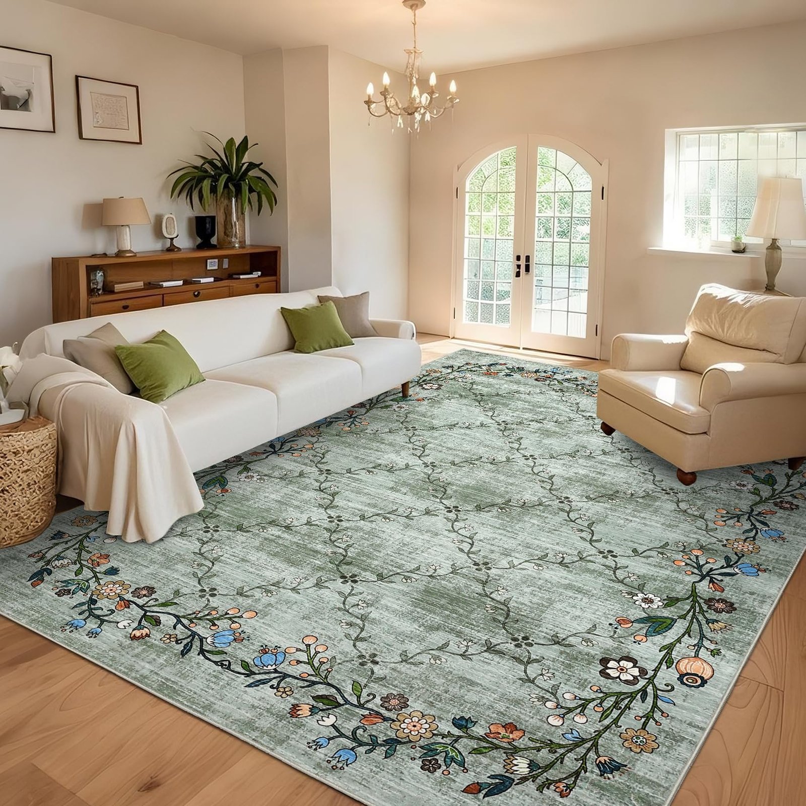 LocalStock 5x7 Floral Washable Area Rug: Large Living Room Area Rug with Non-Slip Backing Washable Ultra Soft Bedroom Floral Carpet Indoor Stain Resistant Carpet for Dining Room 5 * 7 ft Light Blue - Image 20