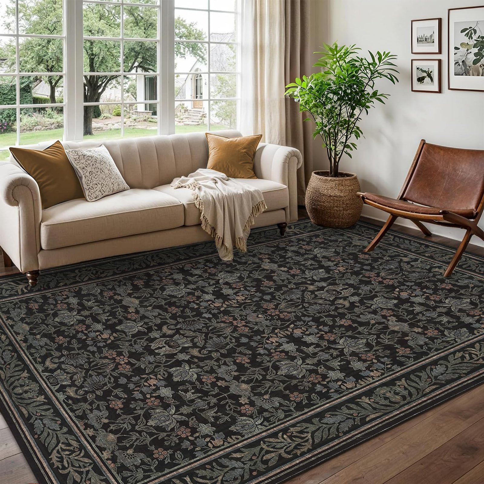 LocalStock 5x7 Washable Area Rugs for Living Room, Boho Vintage Rug Non Slip Low Pile Stain Resistance Indoor Soft Large Throw Carpet for Bedroom Dining Room Office Green Black - Image 2