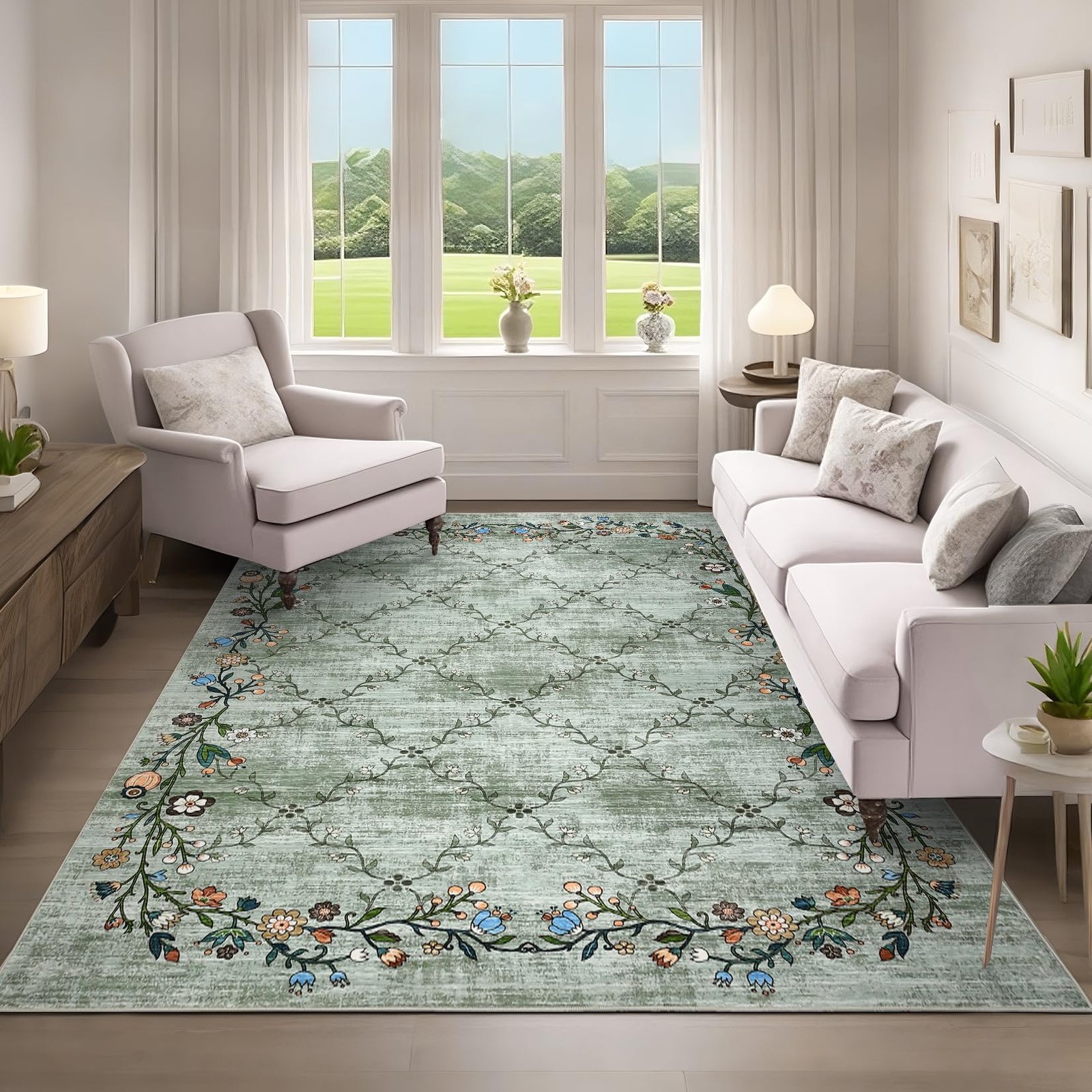 LocalStock 5x7 Floral Washable Area Rug: Large Living Room Area Rug with Non-Slip Backing Washable Ultra Soft Bedroom Floral Carpet Indoor Stain Resistant Carpet for Dining Room 5 * 7 ft Light Blue - Image 6