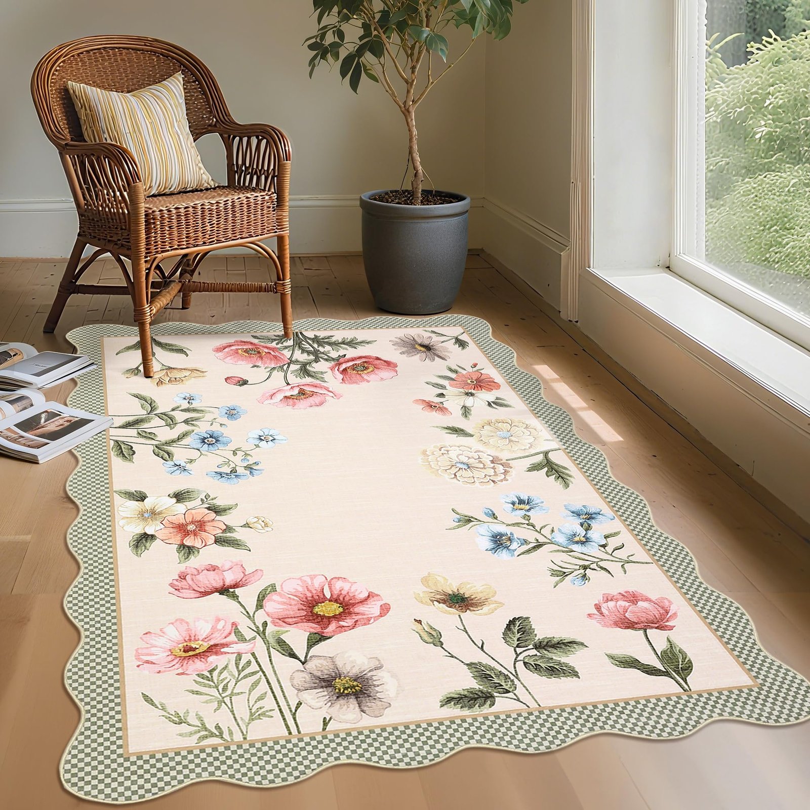 LocalStock Floral Scalloped Living Room Rug, 5x7 Area Rugs Ultra-Thin Soft Washable Rug, Non-Slip Rugs for Bedroom Stain Resistant Boho Low-Pile Throw Carpet for Dining Room Playroom Nursery, Green - Image 25