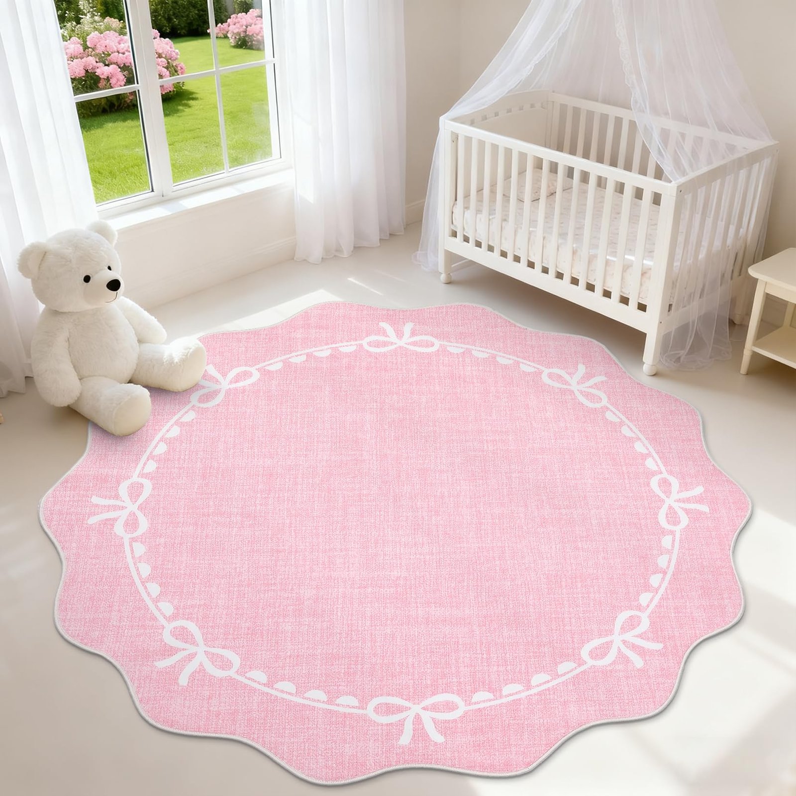 LocalStock Scalloped Bow Rug for Living Room, Solid Pink Rug for Dorm, Washable Rugs 5x7 Soft Low Pile Non Slip Scalloped Rugs for Nursery College Bedroom Decor Kids Room Playroom - Image 49