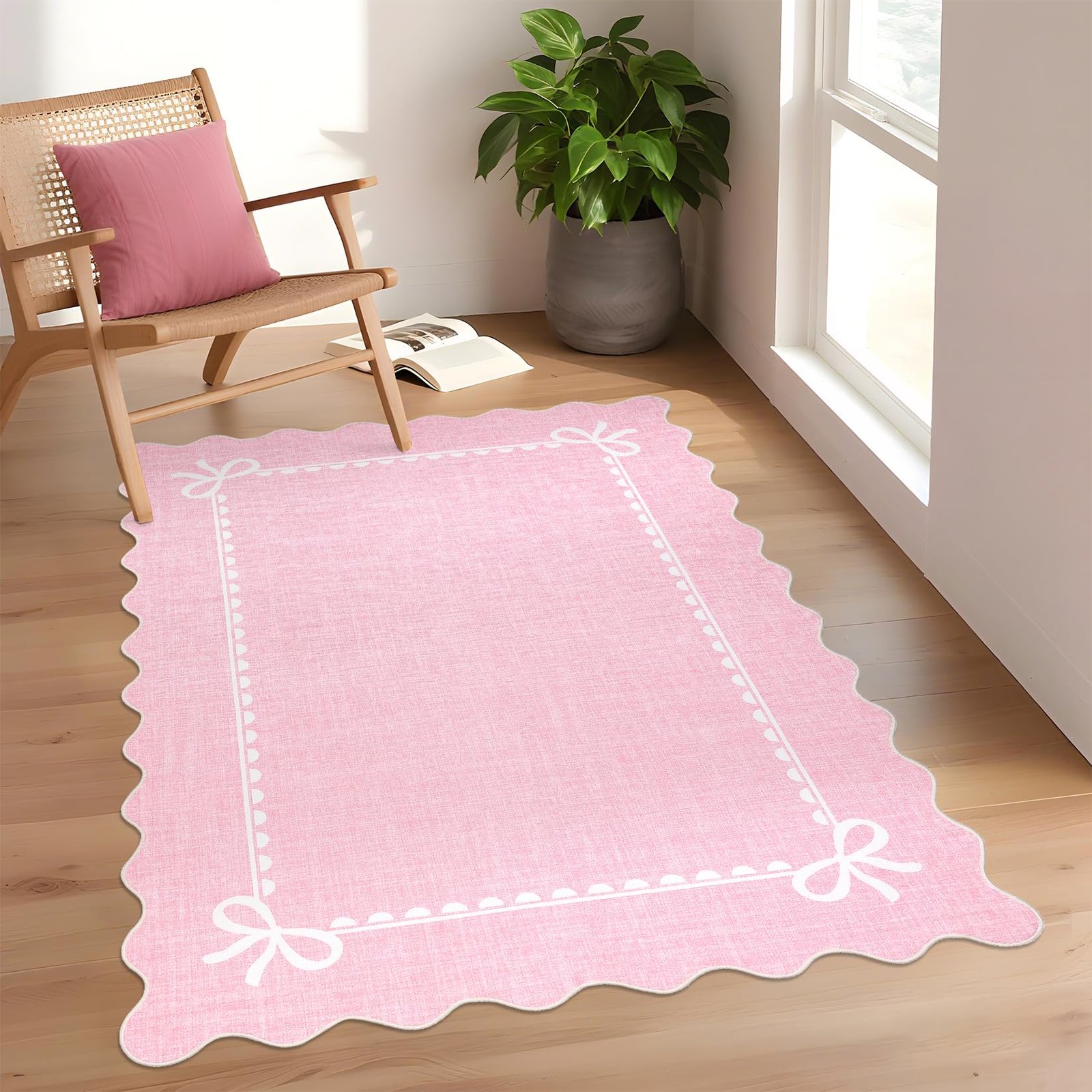 LocalStock Scalloped Bow Rug for Living Room, Solid Pink Rug for Dorm, Washable Rugs 5x7 Soft Low Pile Non Slip Scalloped Rugs for Nursery College Bedroom Decor Kids Room Playroom - Image 81