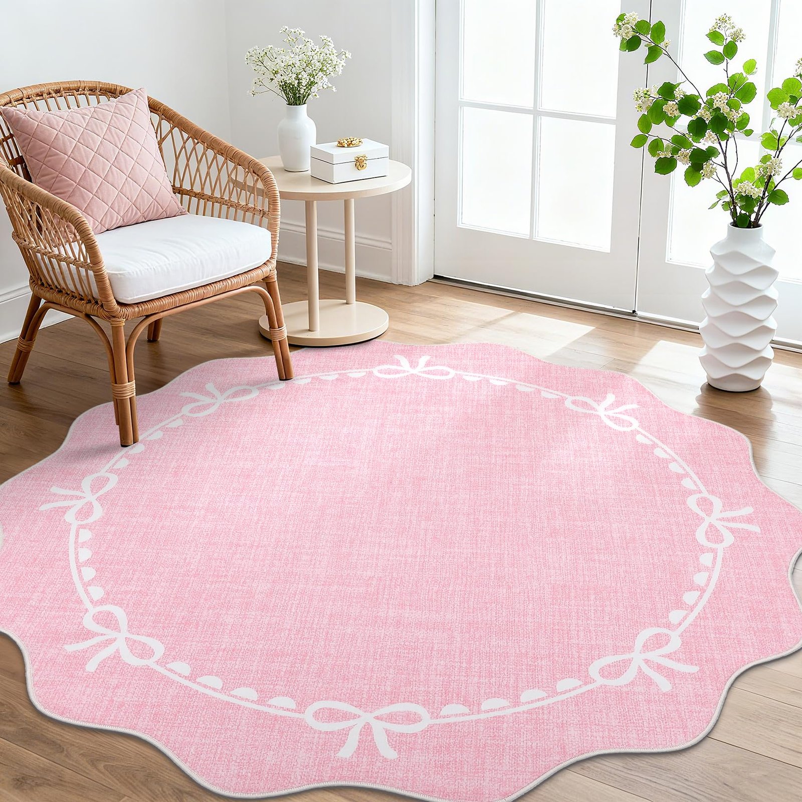 LocalStock Scalloped Bow Rug for Living Room, Solid Pink Rug for Dorm, Washable Rugs 5x7 Soft Low Pile Non Slip Scalloped Rugs for Nursery College Bedroom Decor Kids Room Playroom - Image 7
