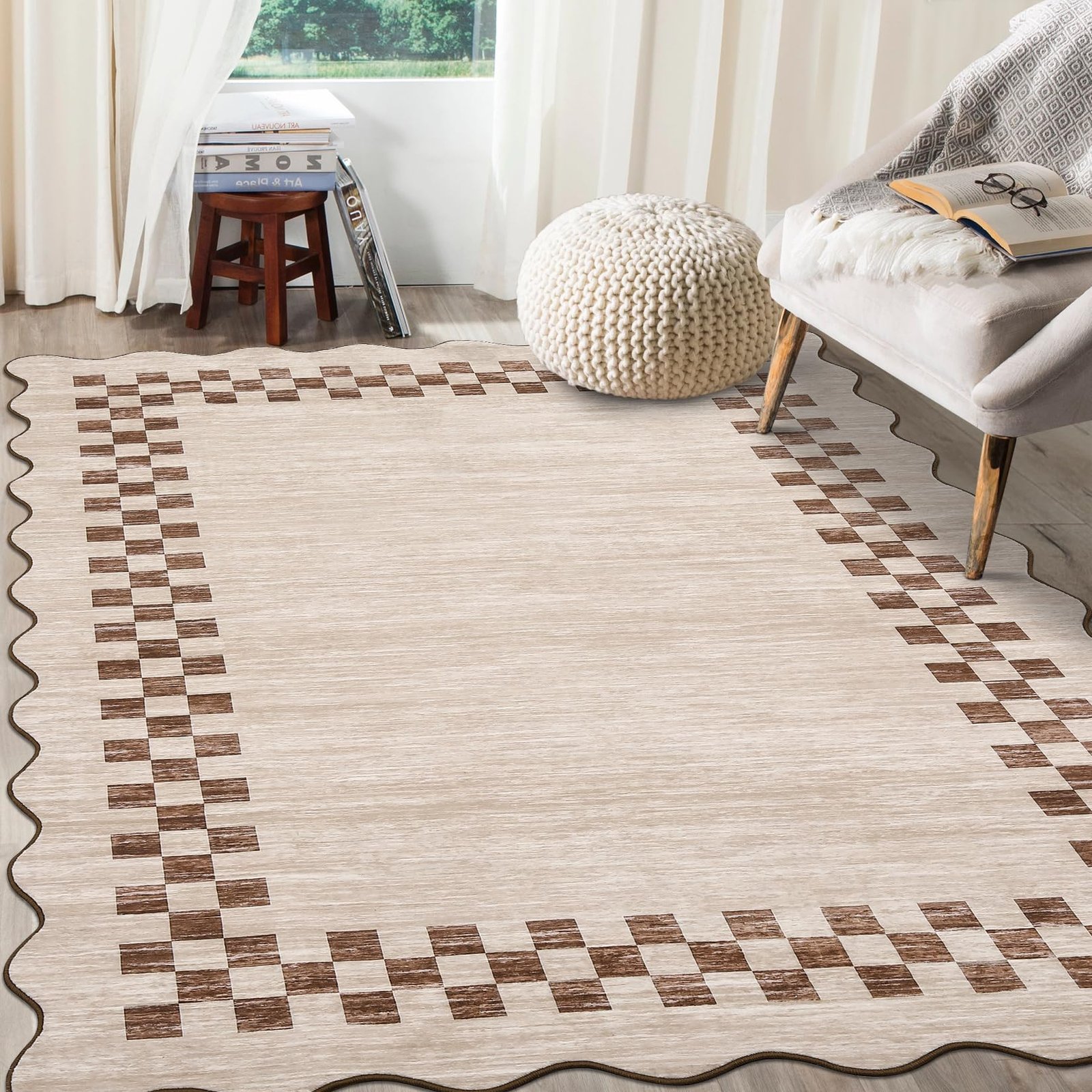 LocalStock Hallway Runner Rug 2x6 Non Slip Scalloped Washable Rug for Kitchen Entry Stain Resistant Modern Border Throw Floor Carpet Long Runner Mat for Bathroom Living Room Bedside, Beige - Image 19