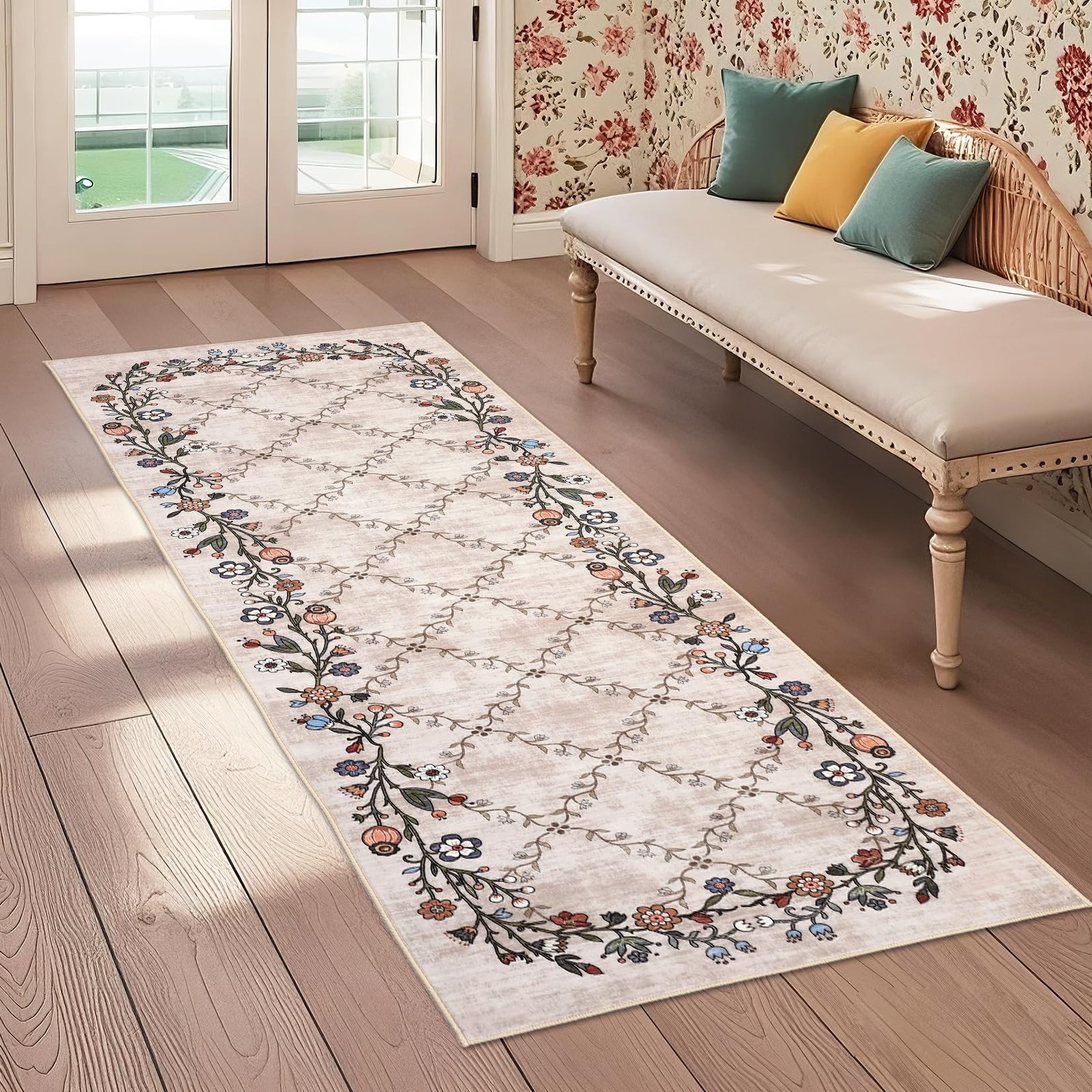 LocalStock 5x7 Floral Washable Area Rug: Large Living Room Area Rug with Non-Slip Backing Washable Ultra Soft Bedroom Floral Carpet Indoor Stain Resistant Carpet for Dining Room 5 * 7 ft Light Blue