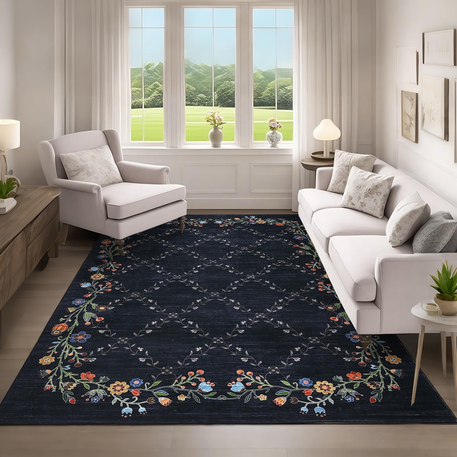 LocalStock 5x7 Floral Washable Area Rug: Large Living Room Area Rug with Non-Slip Backing Washable Ultra Soft Bedroom Floral Carpet Indoor Stain Resistant Carpet for Dining Room 5 * 7 ft Light Blue - Image 8