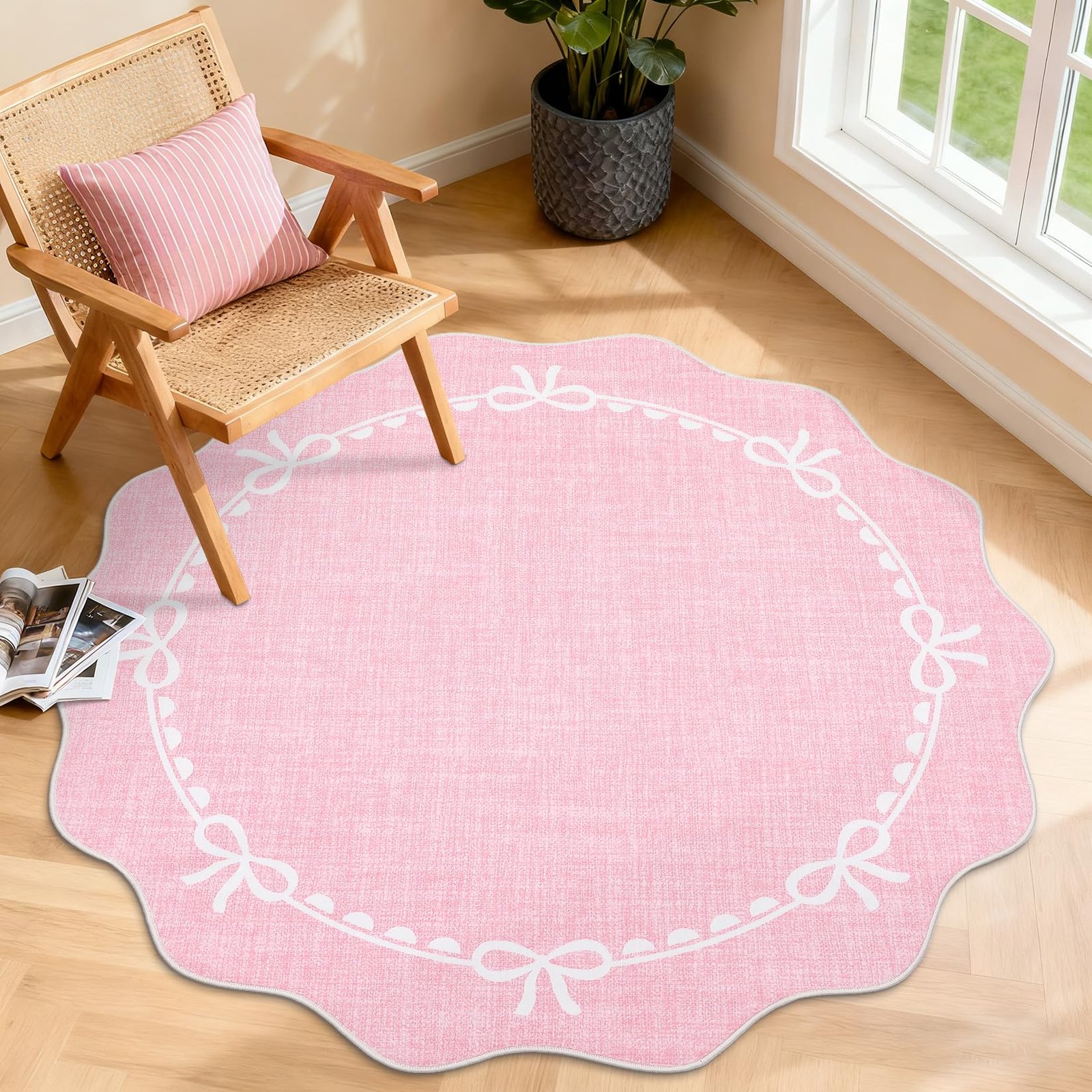 LocalStock Scalloped Bow Rug for Living Room, Solid Pink Rug for Dorm, Washable Rugs 5x7 Soft Low Pile Non Slip Scalloped Rugs for Nursery College Bedroom Decor Kids Room Playroom - Image 68