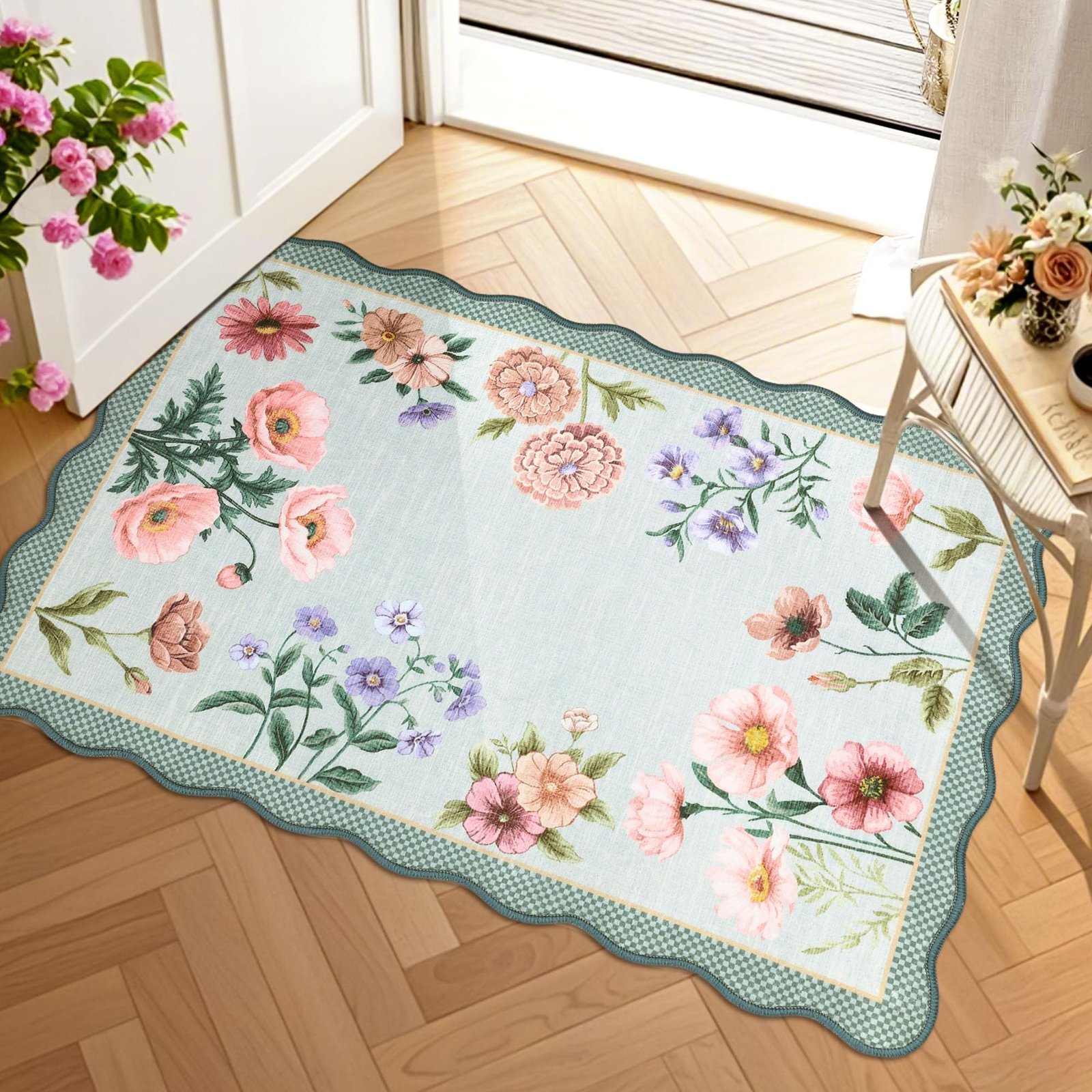 LocalStock Floral Scalloped Living Room Rug, 5x7 Area Rugs Ultra-Thin Soft Washable Rug, Non-Slip Rugs for Bedroom Stain Resistant Boho Low-Pile Throw Carpet for Dining Room Playroom Nursery, Green - Image 4