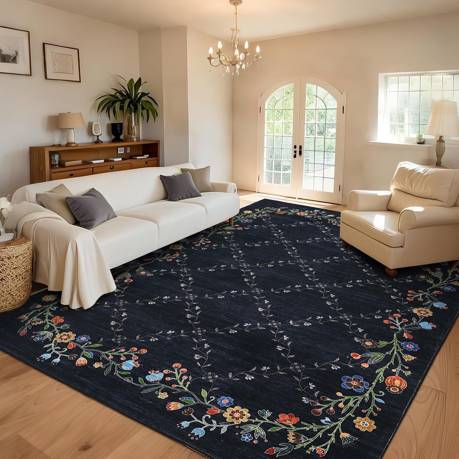 LocalStock 5x7 Floral Washable Area Rug: Large Living Room Area Rug with Non-Slip Backing Washable Ultra Soft Bedroom Floral Carpet Indoor Stain Resistant Carpet for Dining Room 5 * 7 ft Light Blue - Image 5