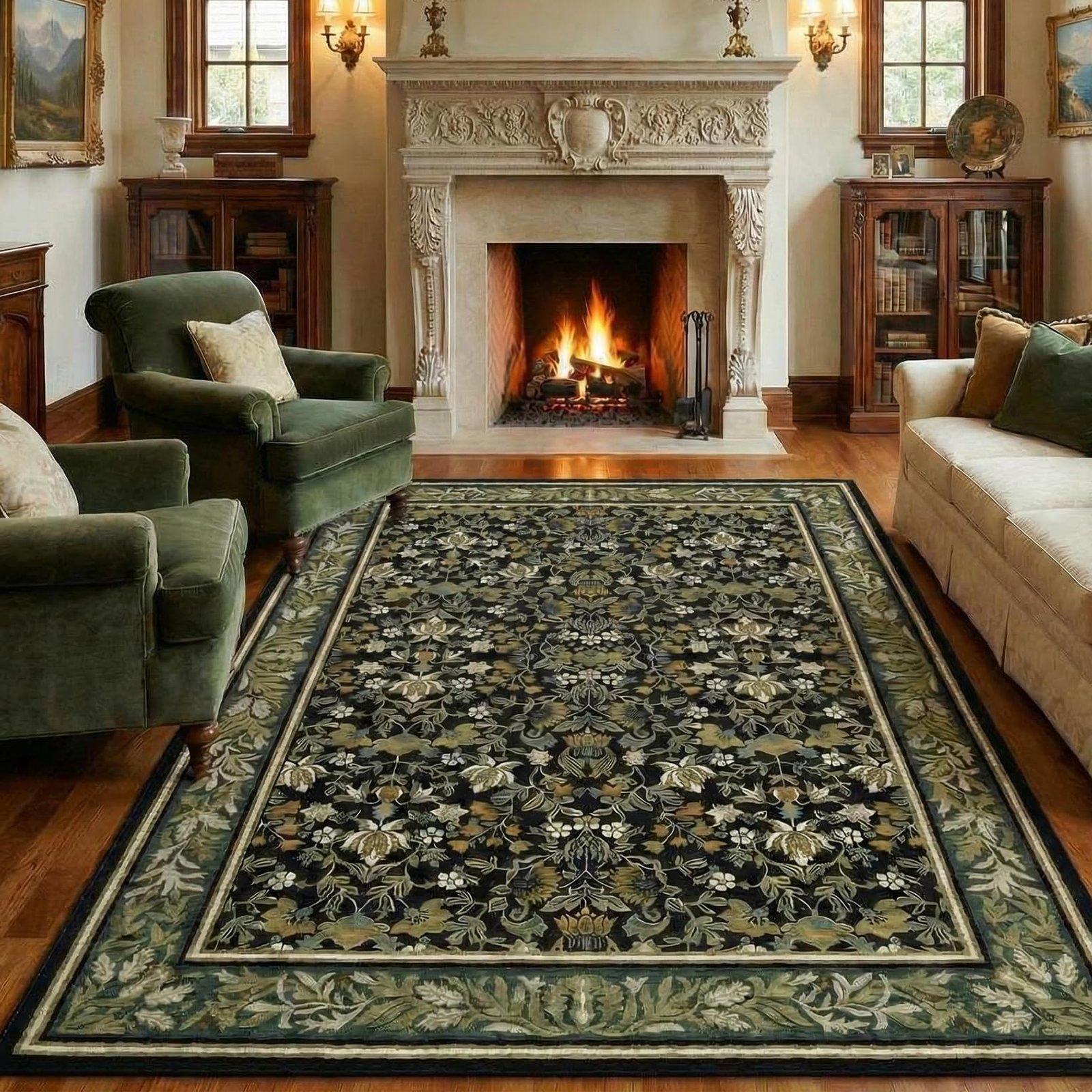 LocalStock 5x7 Washable Area Rugs for Living Room, Boho Vintage Rug Non Slip Low Pile Stain Resistance Indoor Soft Large Throw Carpet for Bedroom Dining Room Office Green Black - Image 9