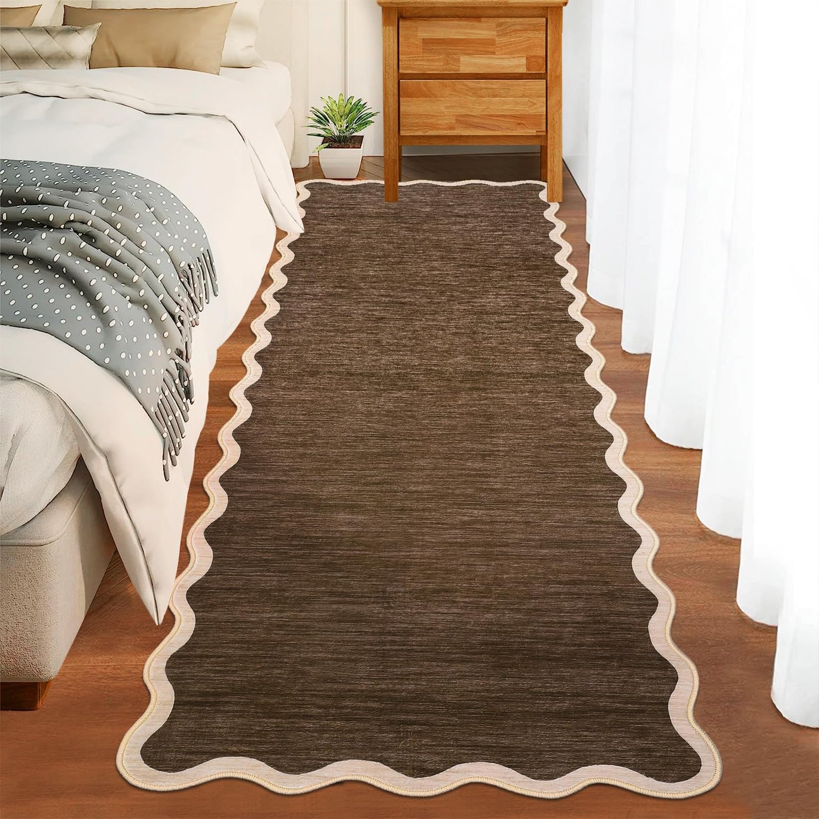 LocalStock Scalloped Washable Kitchen Runner Rug 2x8, Beige Runners for Hallway, Non Slip Boho Soft Bathroom Throw Mat Bordered Carpet Runner for Laundry Entryway Bedroom 2 ft x8 ft Beige - Image 2