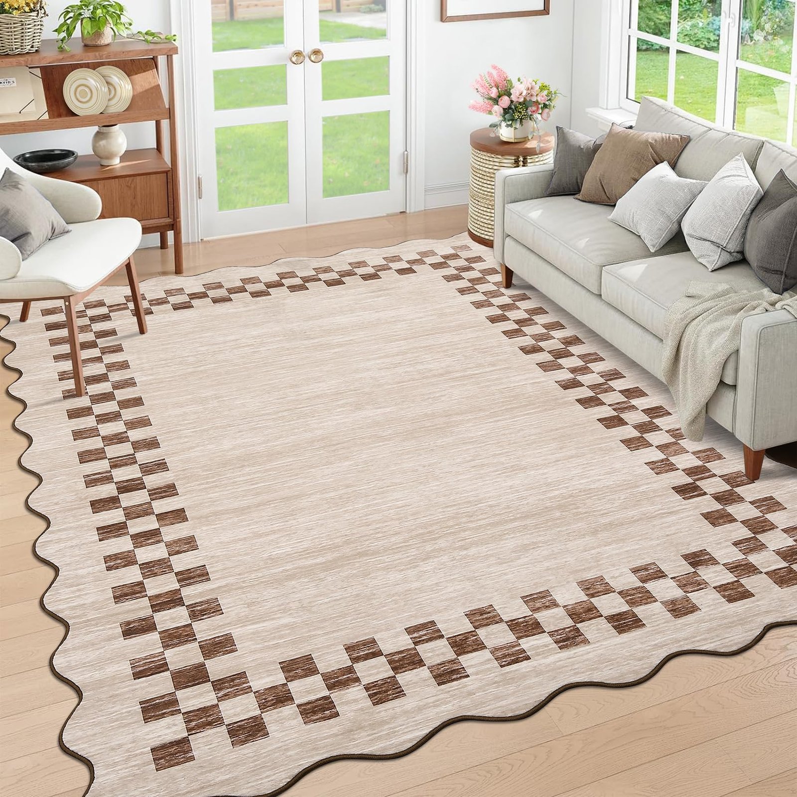 LocalStock Hallway Runner Rug 2x6 Non Slip Scalloped Washable Rug for Kitchen Entry Stain Resistant Modern Border Throw Floor Carpet Long Runner Mat for Bathroom Living Room Bedside, Beige - Image 65