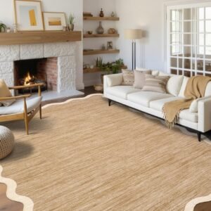 LocalStock Scalloped Washable Kitchen Runner Rug 2x8, Beige Runners for Hallway, Non Slip Boho Soft Bathroom Throw Mat Bordered Carpet Runner for Laundry Entryway Bedroom 2 ft x8 ft Beige