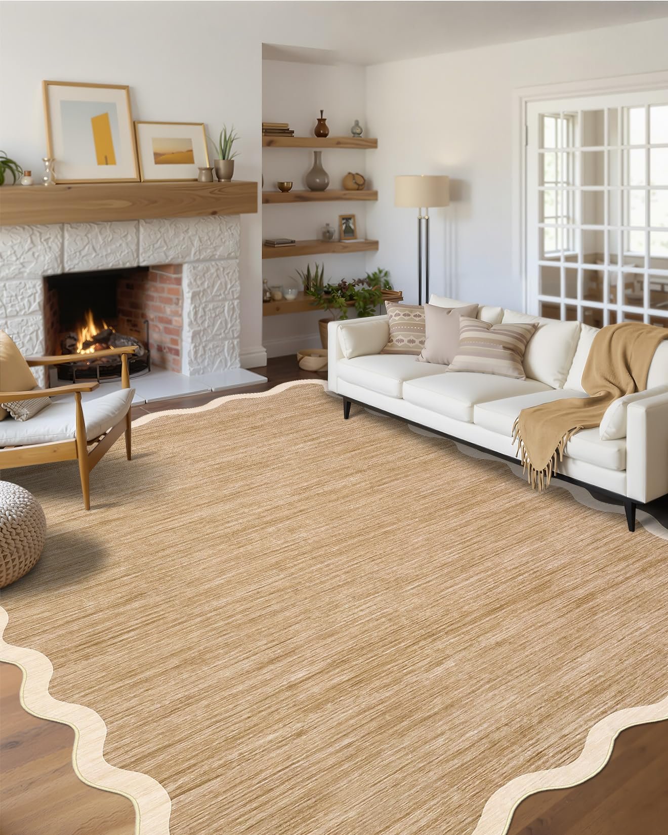 LocalStock Scalloped Washable Kitchen Runner Rug 2x8, Beige Runners for Hallway, Non Slip Boho Soft Bathroom Throw Mat Bordered Carpet Runner for Laundry Entryway Bedroom 2 ft x8 ft Beige