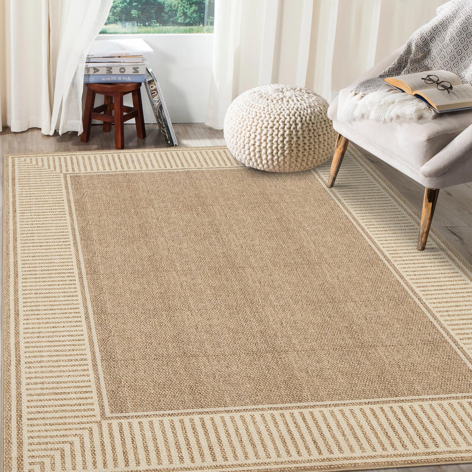 LocalStock Washable Rug 5x7 for Bedroom Large Living Room Rug with Rubber Backing Casual Striped Border Throw Carpet Modern Contemporary Area Rug for Dining Room Nursery Entry, Khaki - Image 9