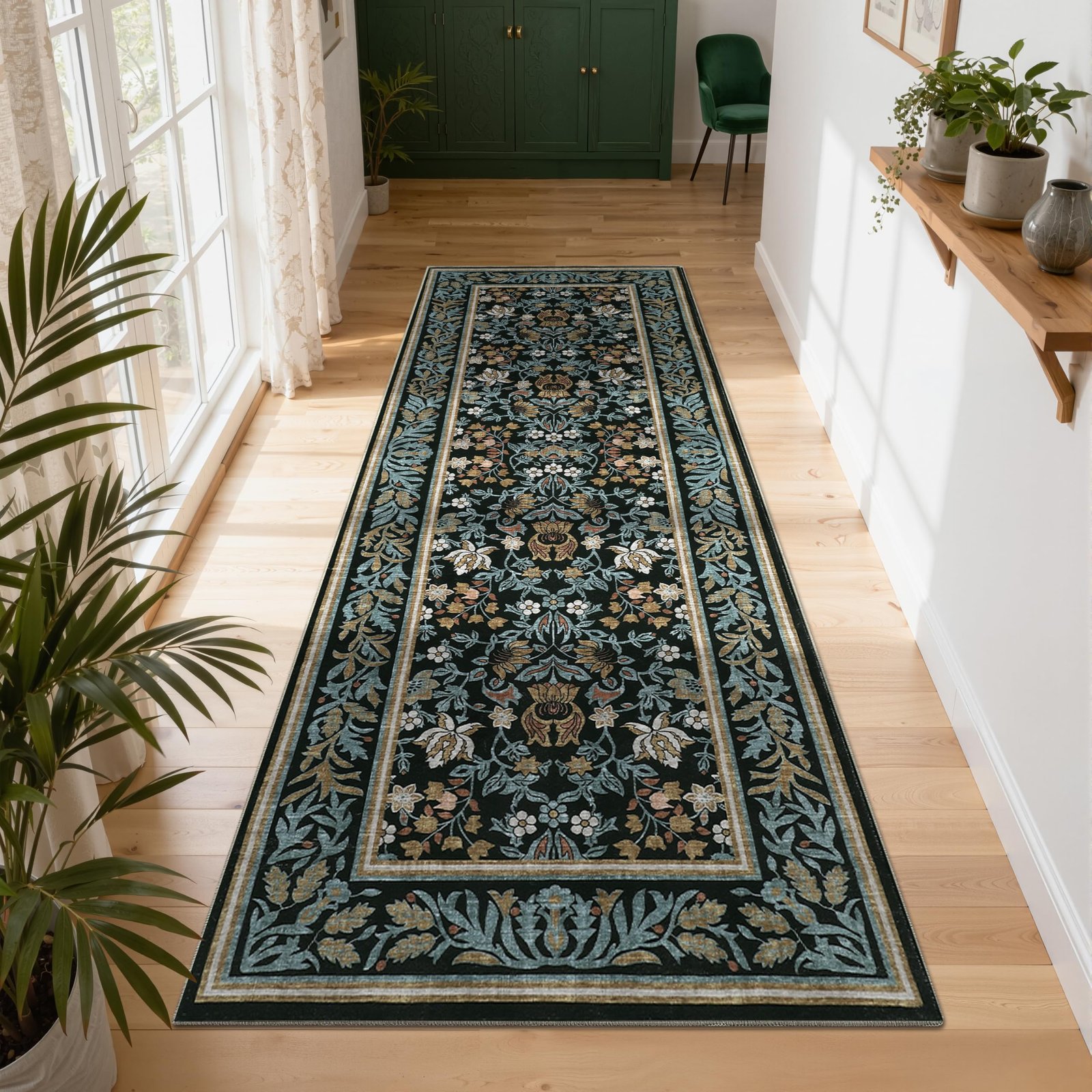 LocalStock 5x7 Washable Area Rugs for Living Room, Boho Vintage Rug Non Slip Low Pile Stain Resistance Indoor Soft Large Throw Carpet for Bedroom Dining Room Office Green Black - Image 17