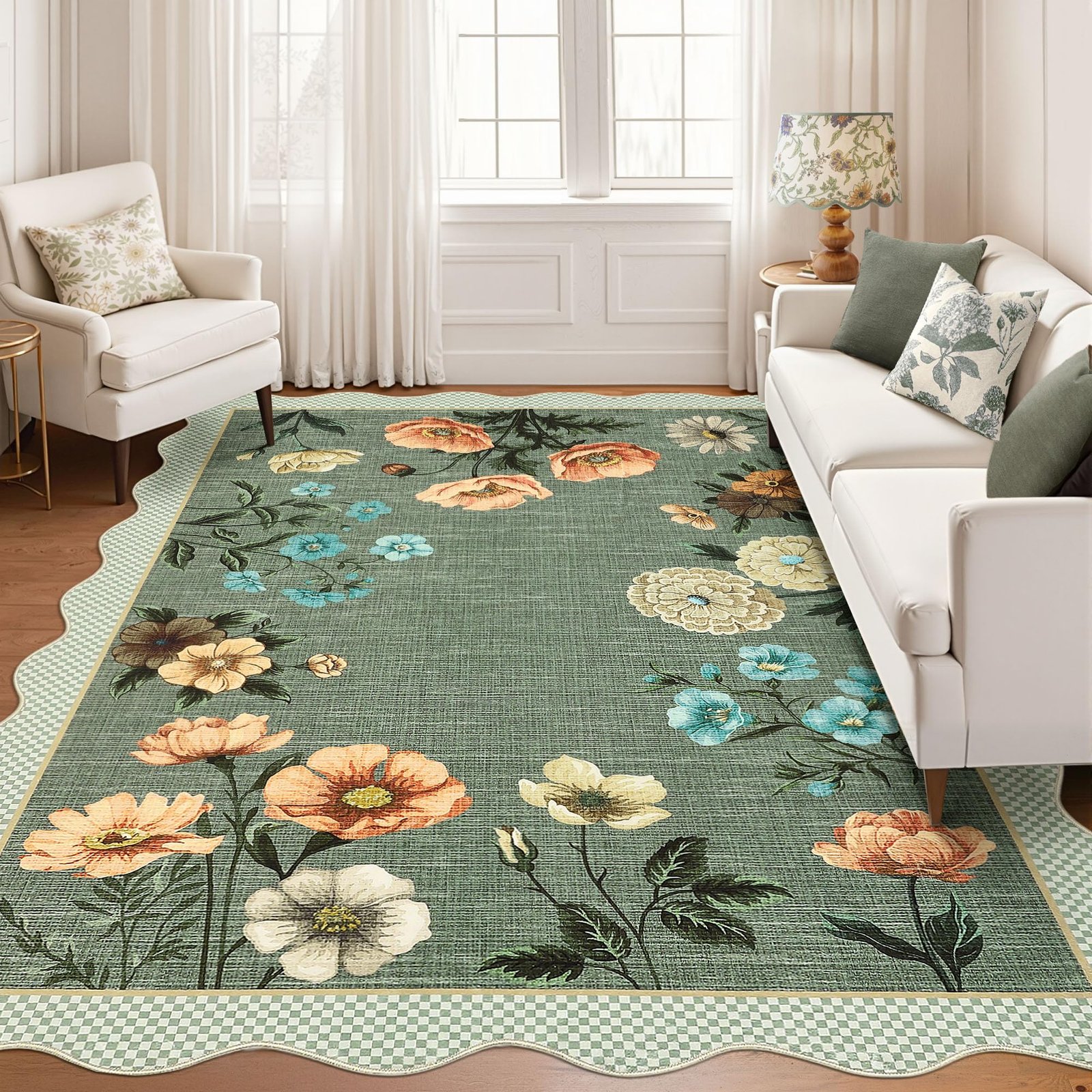 LocalStock Floral Scalloped Living Room Rug, 5x7 Area Rugs Ultra-Thin Soft Washable Rug, Non-Slip Rugs for Bedroom Stain Resistant Boho Low-Pile Throw Carpet for Dining Room Playroom Nursery, Green - Image 21