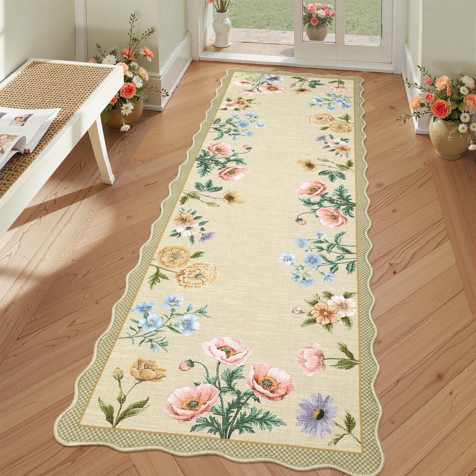 LocalStock Floral Scalloped Living Room Rug, 5x7 Area Rugs Ultra-Thin Soft Washable Rug, Non-Slip Rugs for Bedroom Stain Resistant Boho Low-Pile Throw Carpet for Dining Room Playroom Nursery, Green - Image 34