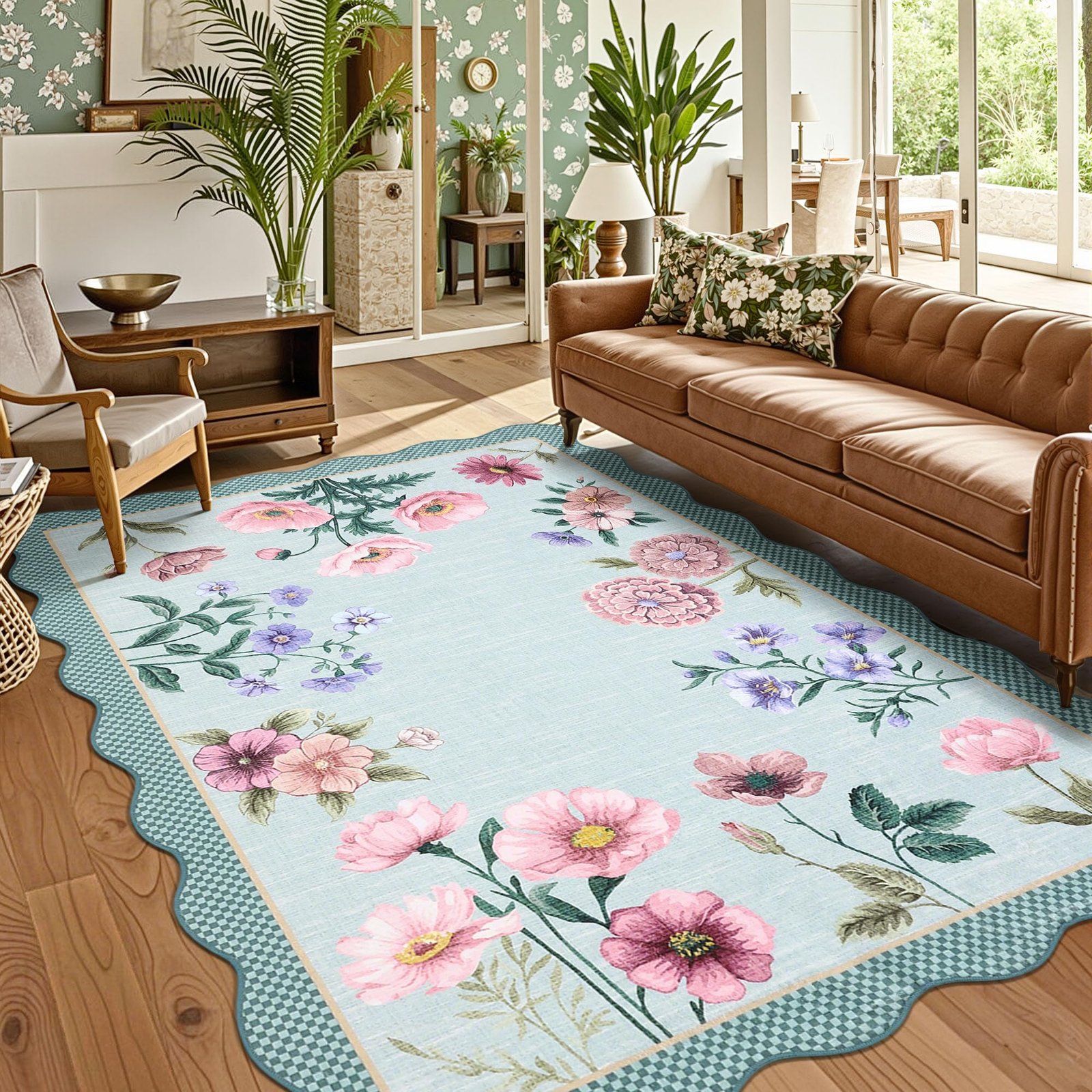 LocalStock Floral Scalloped Living Room Rug, 5x7 Area Rugs Ultra-Thin Soft Washable Rug, Non-Slip Rugs for Bedroom Stain Resistant Boho Low-Pile Throw Carpet for Dining Room Playroom Nursery, Green - Image 32