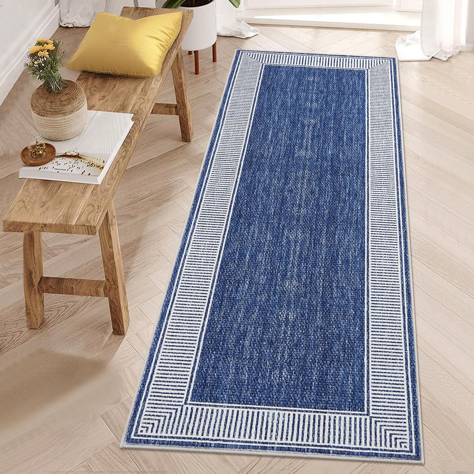 LocalStock Washable Rug 5x7 for Bedroom Large Living Room Rug with Rubber Backing Casual Striped Border Throw Carpet Modern Contemporary Area Rug for Dining Room Nursery Entry, Khaki - Image 3