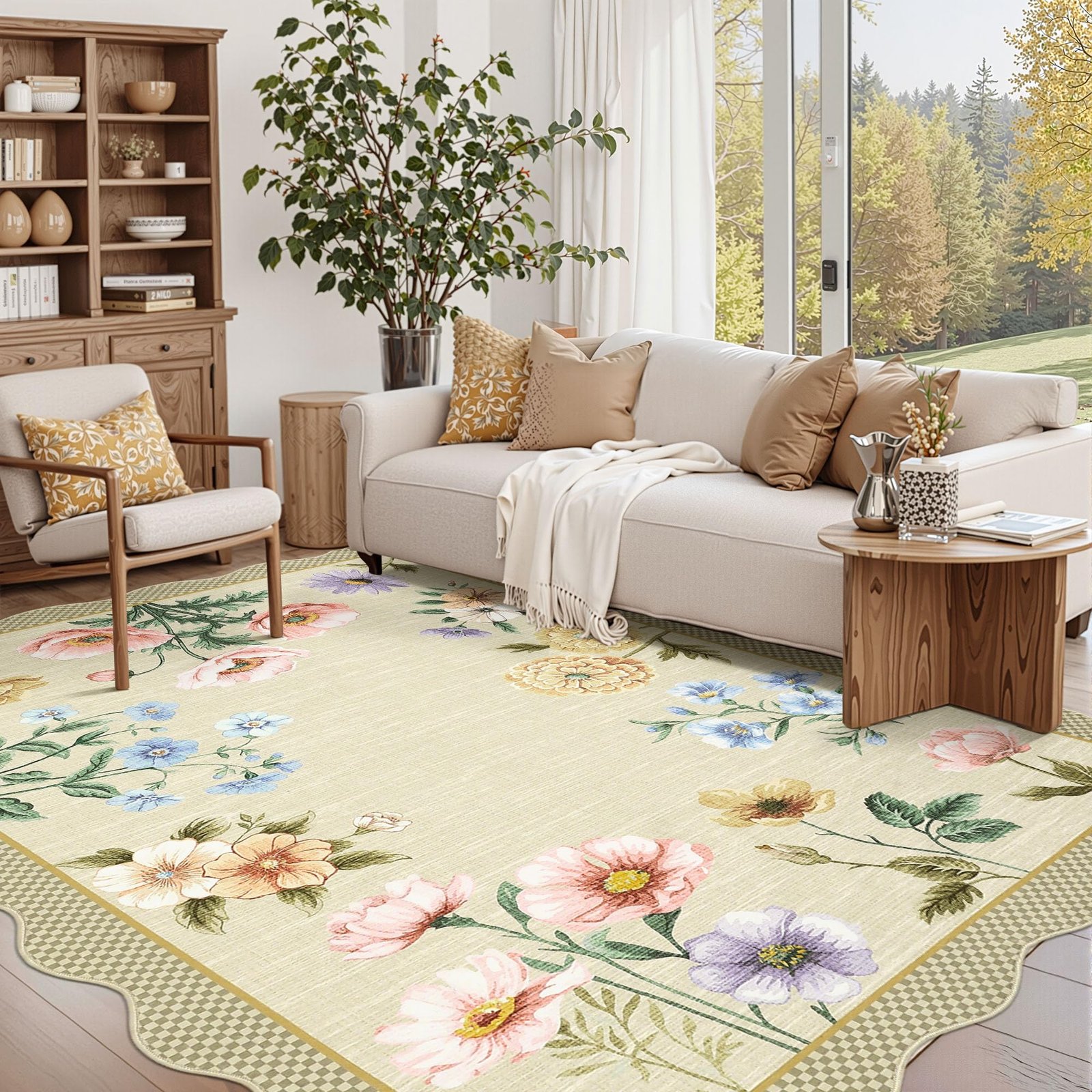 LocalStock Floral Scalloped Living Room Rug, 5x7 Area Rugs Ultra-Thin Soft Washable Rug, Non-Slip Rugs for Bedroom Stain Resistant Boho Low-Pile Throw Carpet for Dining Room Playroom Nursery, Green - Image 24