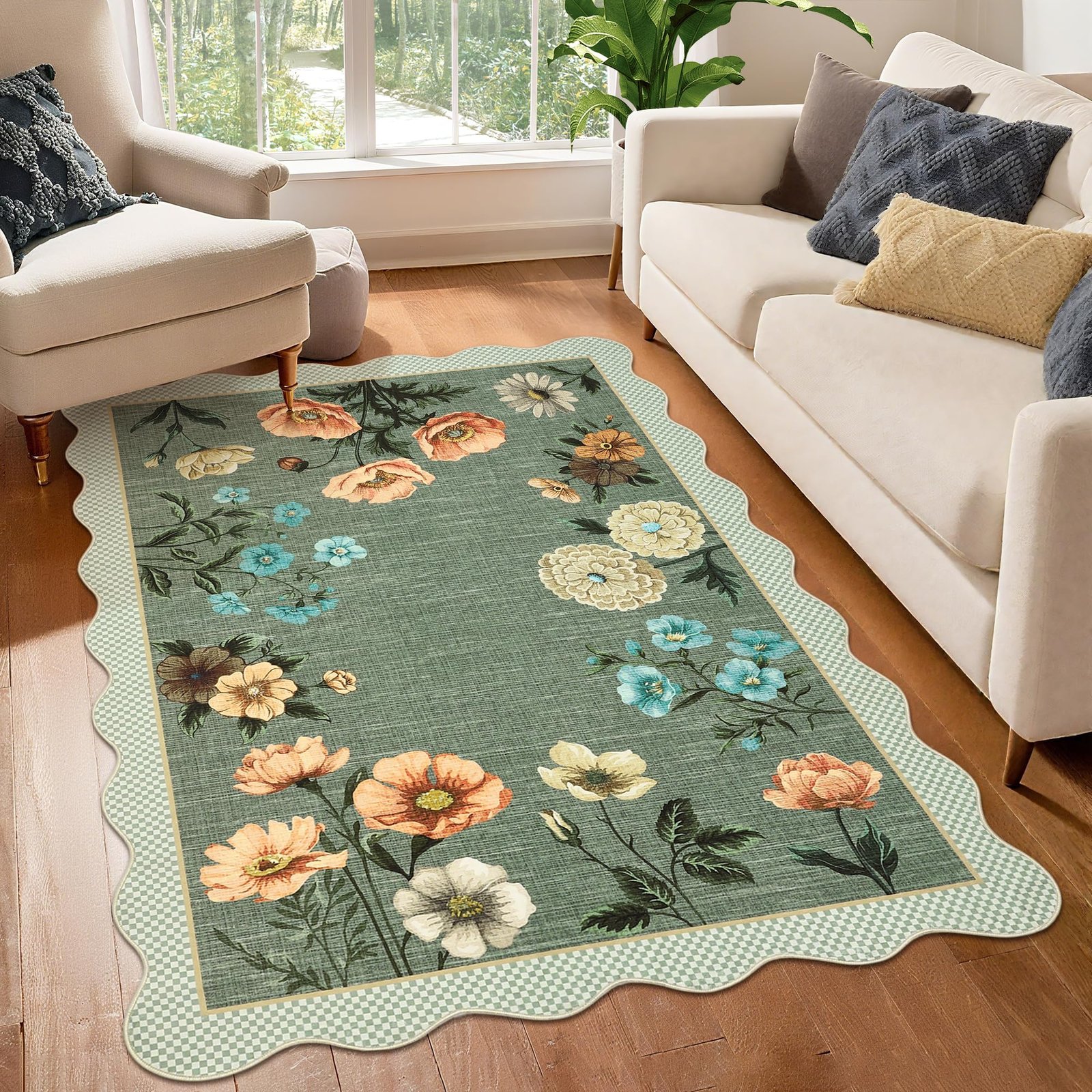 LocalStock Floral Scalloped Living Room Rug, 5x7 Area Rugs Ultra-Thin Soft Washable Rug, Non-Slip Rugs for Bedroom Stain Resistant Boho Low-Pile Throw Carpet for Dining Room Playroom Nursery, Green - Image 6
