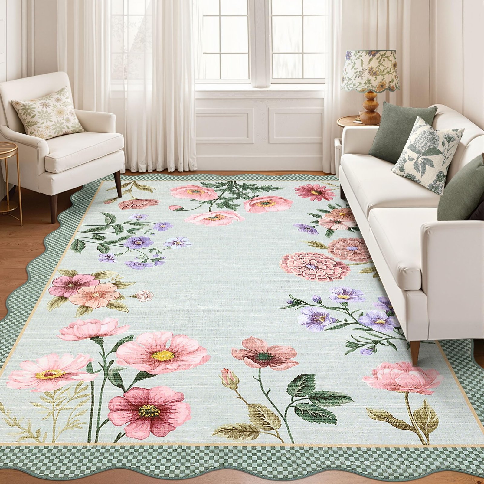 LocalStock Floral Scalloped Living Room Rug, 5x7 Area Rugs Ultra-Thin Soft Washable Rug, Non-Slip Rugs for Bedroom Stain Resistant Boho Low-Pile Throw Carpet for Dining Room Playroom Nursery, Green