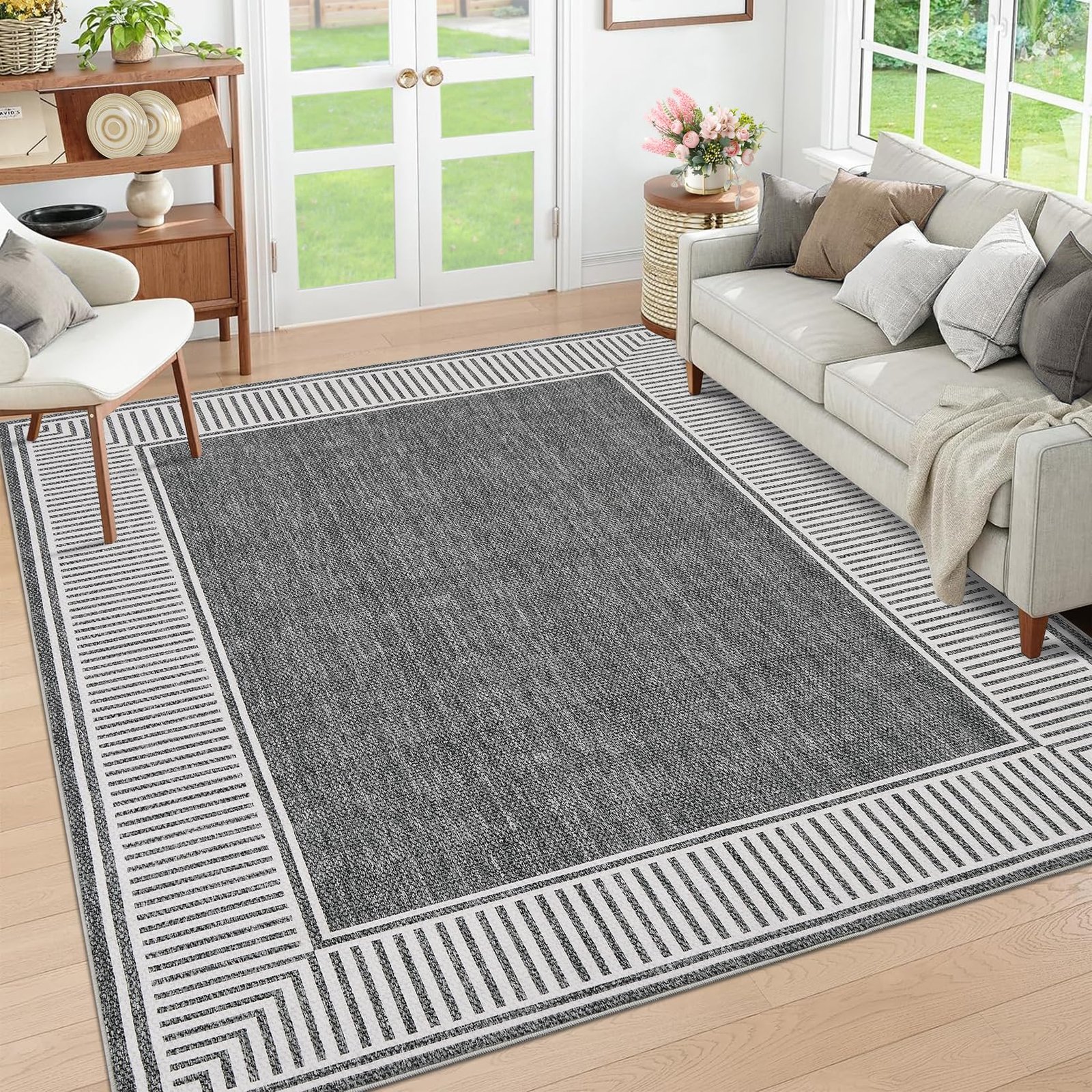 LocalStock Washable Rug 5x7 for Bedroom Large Living Room Rug with Rubber Backing Casual Striped Border Throw Carpet Modern Contemporary Area Rug for Dining Room Nursery Entry, Khaki - Image 4